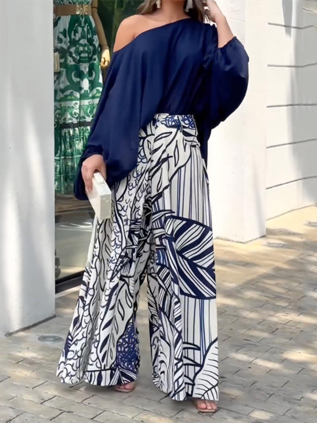 Solid color printed woven loose wide leg pants with bubble sleeves and off shoulder two-piece pants set matching clothing set
