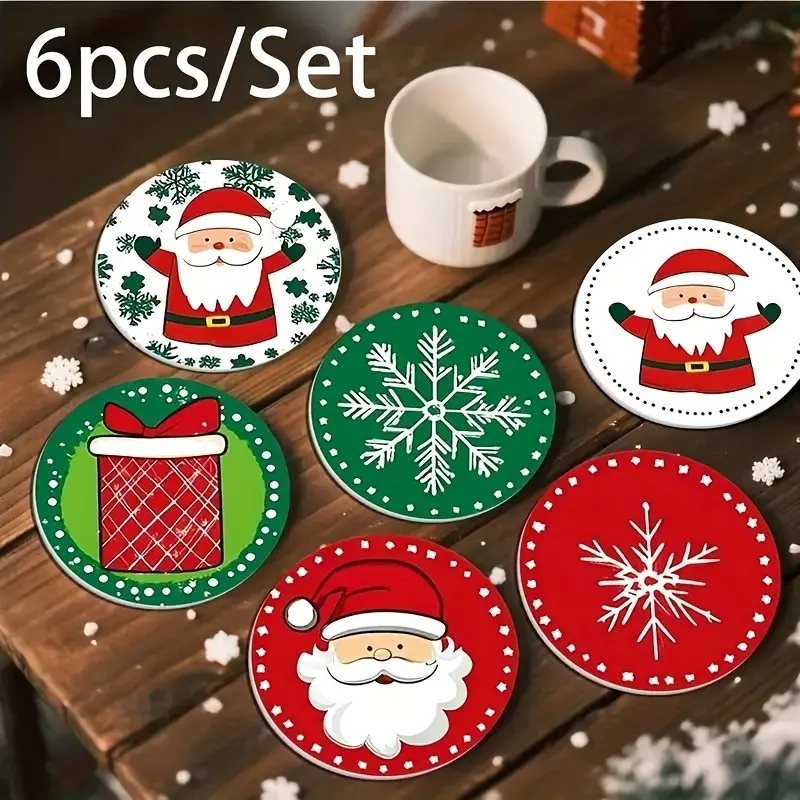 Set of 6 Christmas Wooden Coasters，Featuring Christmas-themed Line-drawing Elements Including Santa Claus, Gifts, and Snowflakes，Practical Holiday Decoration，Suitable for Coffee Cups /Offices，Christmas decoration