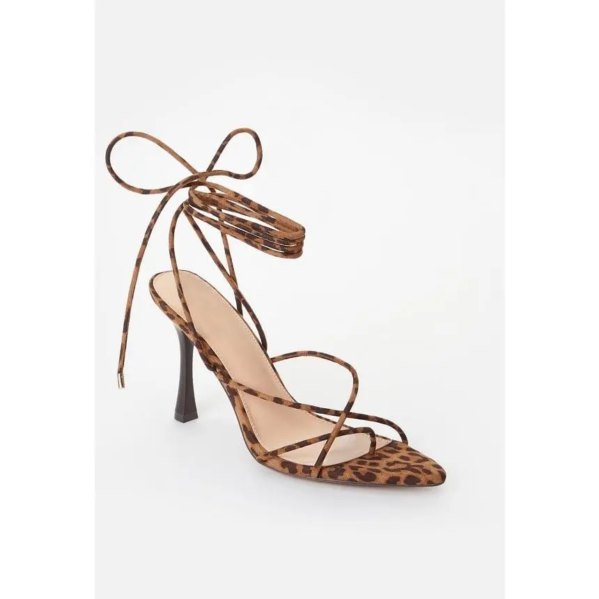 JUST FAB Women's Lace Up Stiletto Heeled Sandals, 3.75" Eco Leather Crisscross Strappy Ankle Tie Wrap Party Heels, Square Toe Date Night Shoes