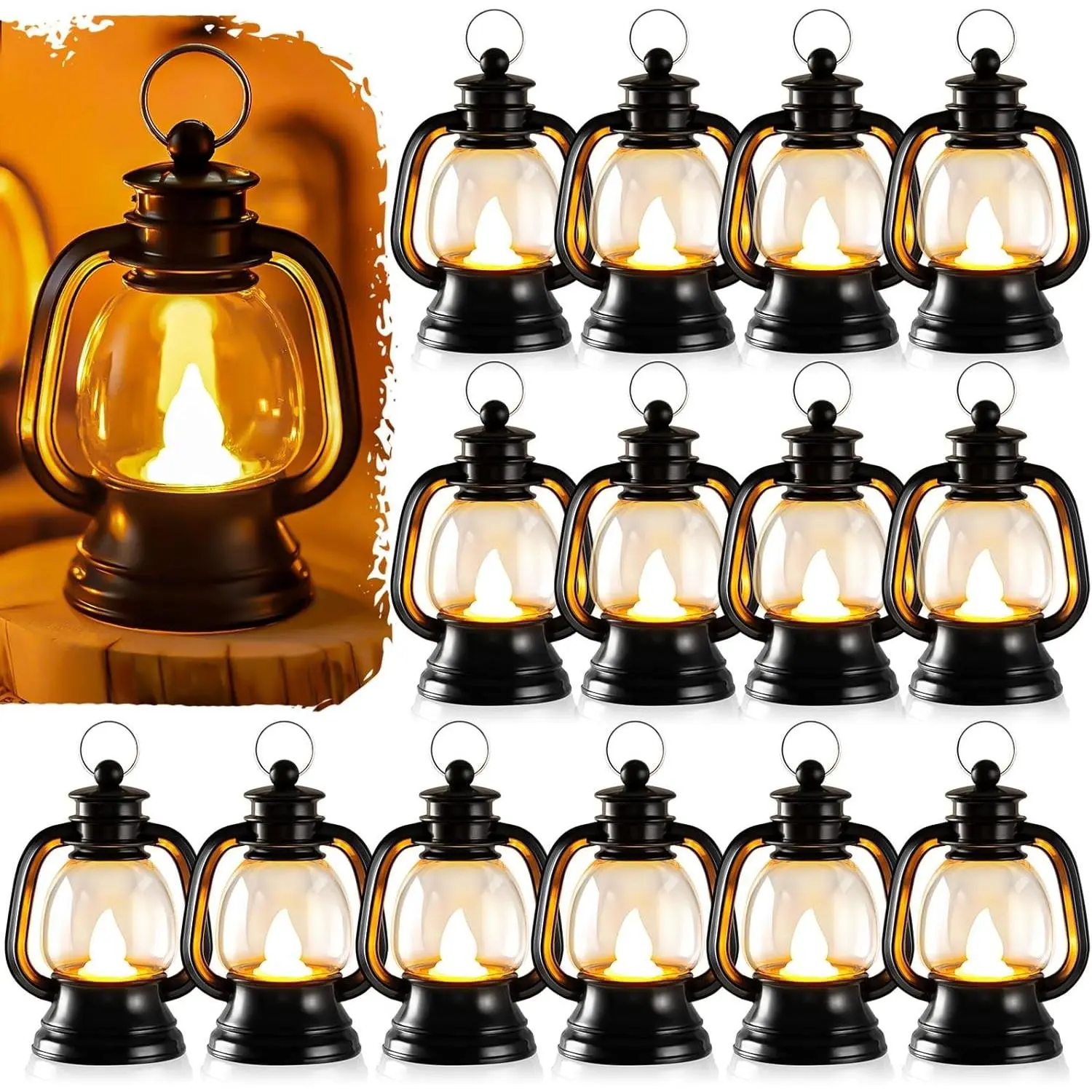 12 Pcs Halloween Mini Lantern, 4 Inch Western Lantern Table Centerpiece | Small Vintage Hanging Lamp Bulk for Cowboy Wedding Centerpiece Tables Halloween Christmas (Warm Yellow)