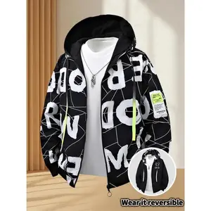 Men's Two-Sided Hooded Jacket, Casual Long Sleeve, Drawstring & Zipper Design, Fall&winter Warm Streetwear, Tiktok Trendy Outerwear