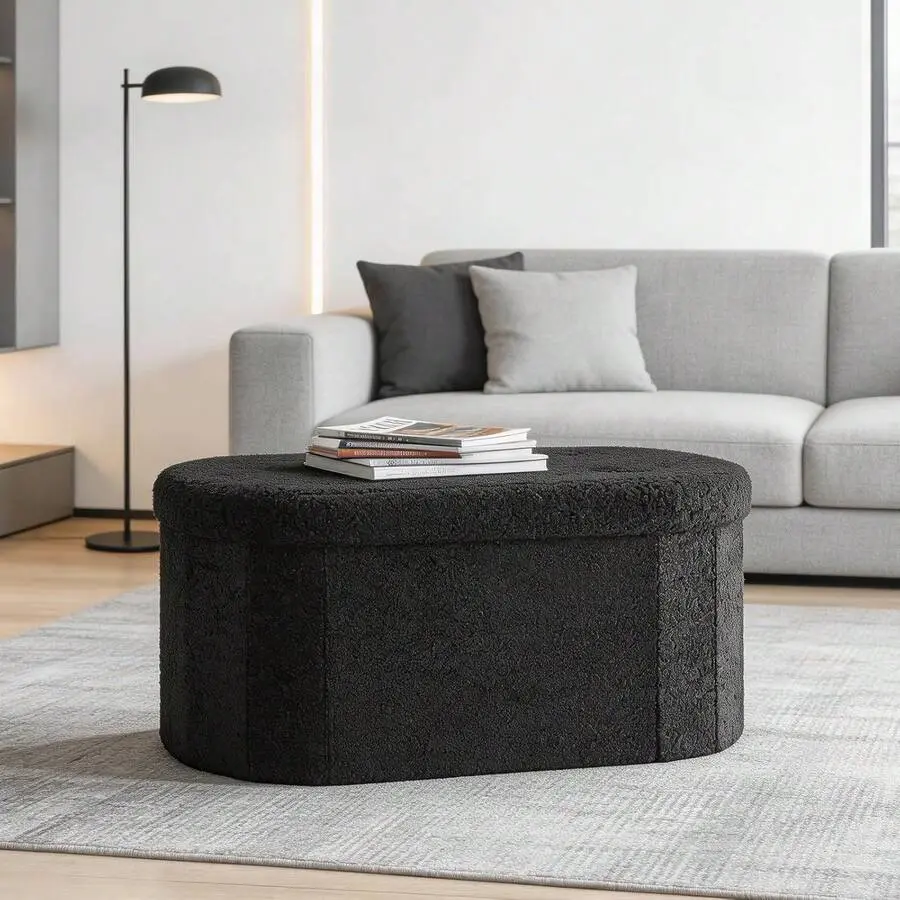 Folding Storage Ottoman Bench, Oval Round Ottoman End Of Bed Foot Rest Bench Stool With Cushion, Storage Chest For Bedroom, Living Room, Entryway, Dorm, Teddy Fabric,house,decor,