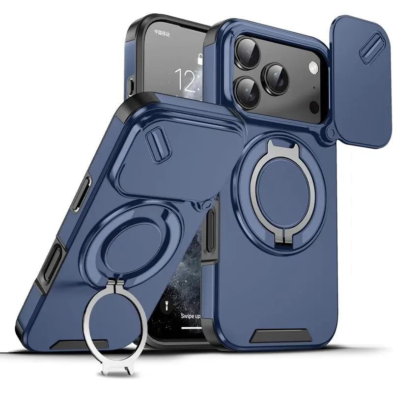 Magnetic Phone Cases for iphone 17 Pro Max 16 15 14 13 12 11 Pro Max Plus Case with Slide Camera.Slide Blue |   Military Grade Protection Heavy Duty Shockproof with 360 ° Rotate Kickstand Case for iphone 17 Pro Max