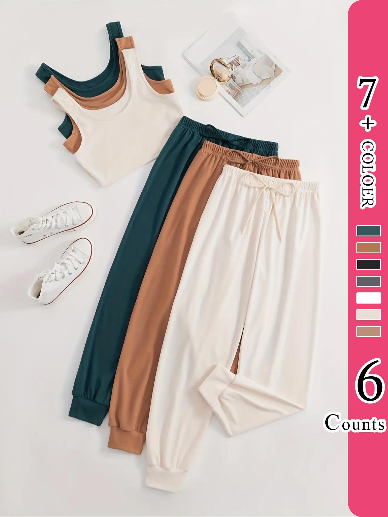 Women's Plain Pajama Pants Set, Girl Nightwear, Basic Crop Tank Top & Tie Front Elastic Waist Lounge Pants Pj Set, Summer Homewear & Sleepwear, Summer Loungewear 2024