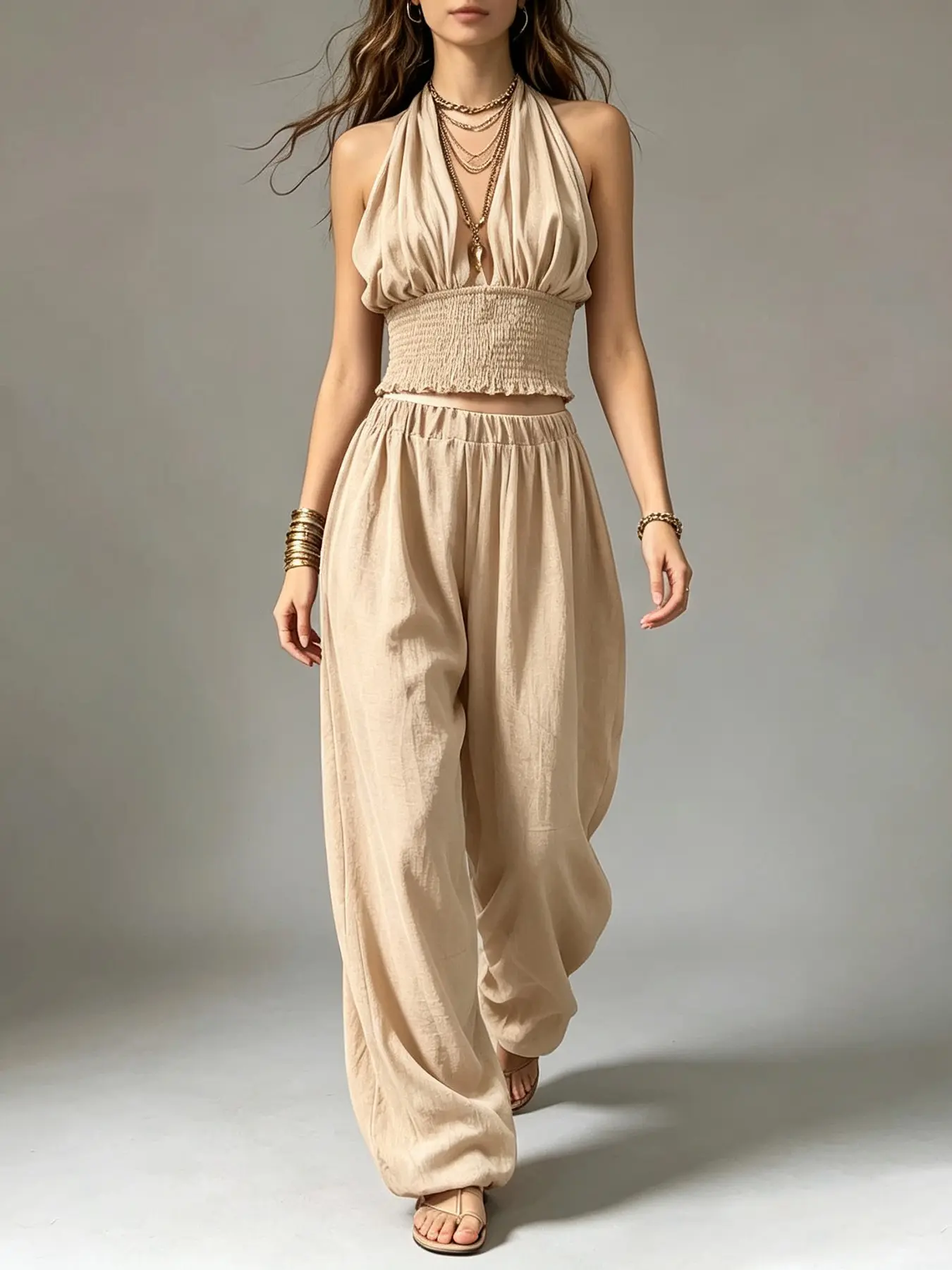 Women's Halter Two Piece Set, Boho Crop Top and Harem Pants, Vacation, Bohemian, Chic, Stylish and Comfortable, Perfect for Summer
