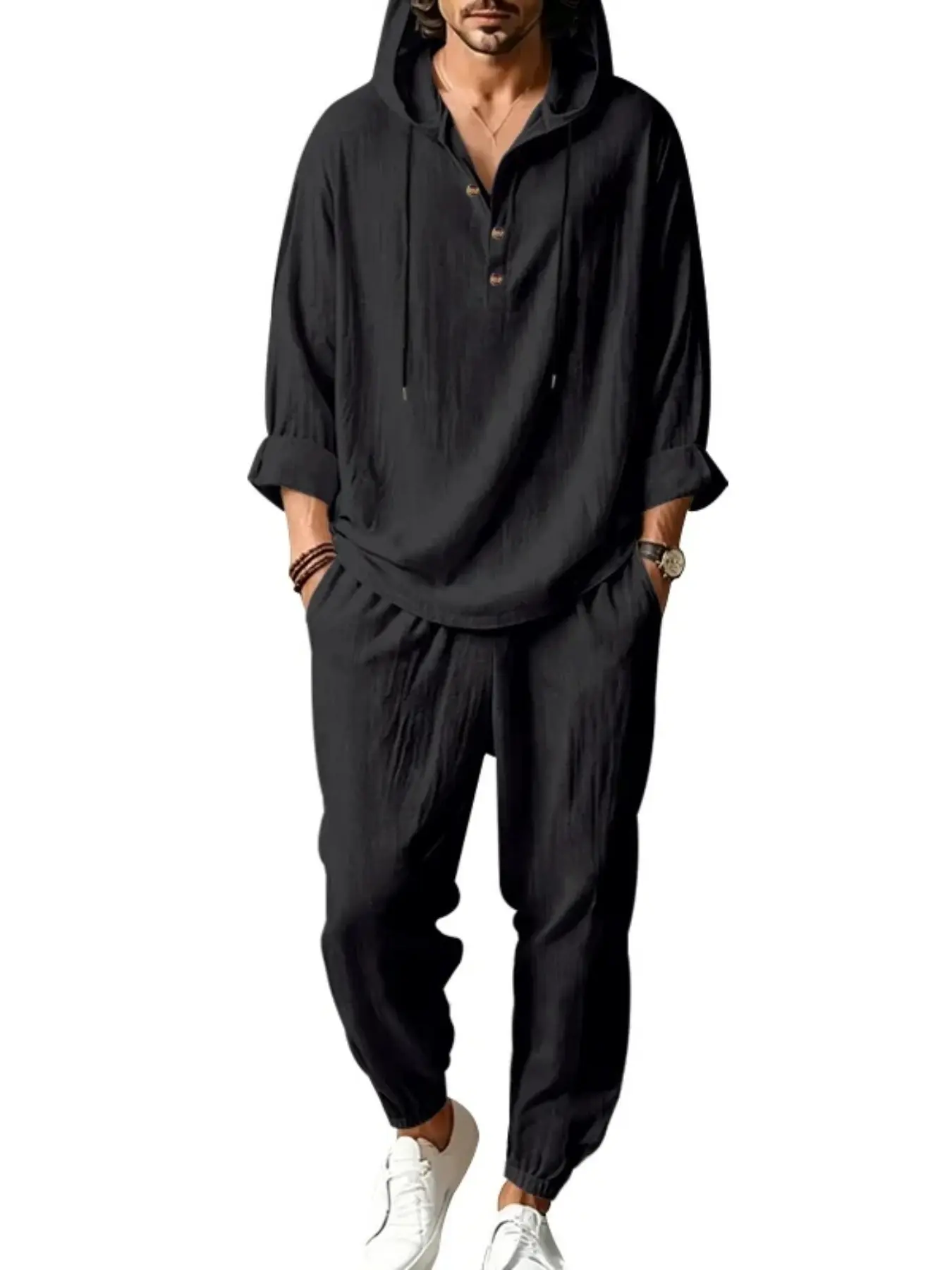 Summer Men's Linen Hooded Henry Short Sleeve Long Pants Set, Casual Simple Breathable Comfort, Ideal for Home and Vacation Wear