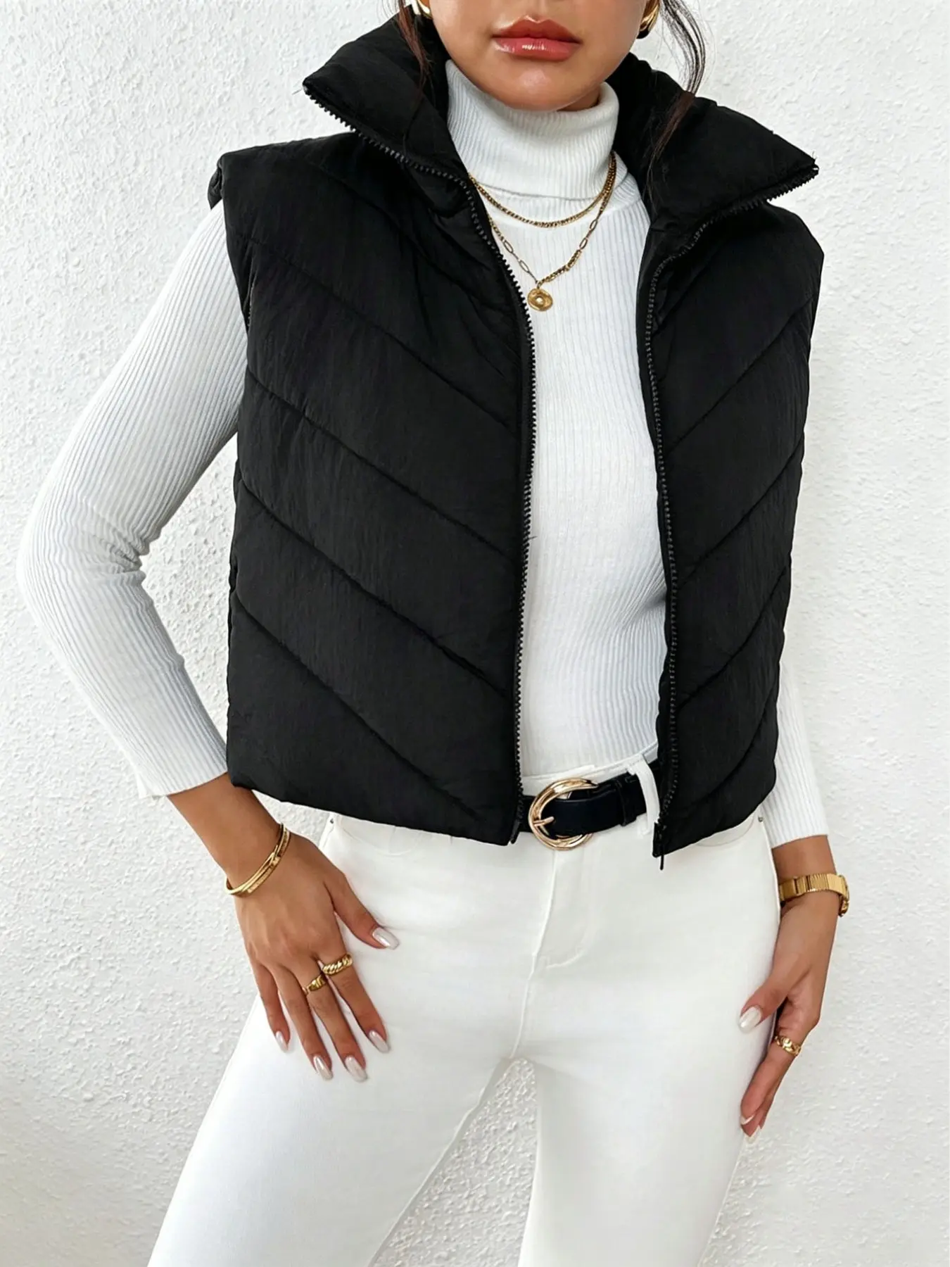 Women's Cropped Puffer Vest Stand Collar Sleeveless Zip Up Padded Jacket Lightweight Warm Quilted Vest Casual Windproof Winter Outerwear