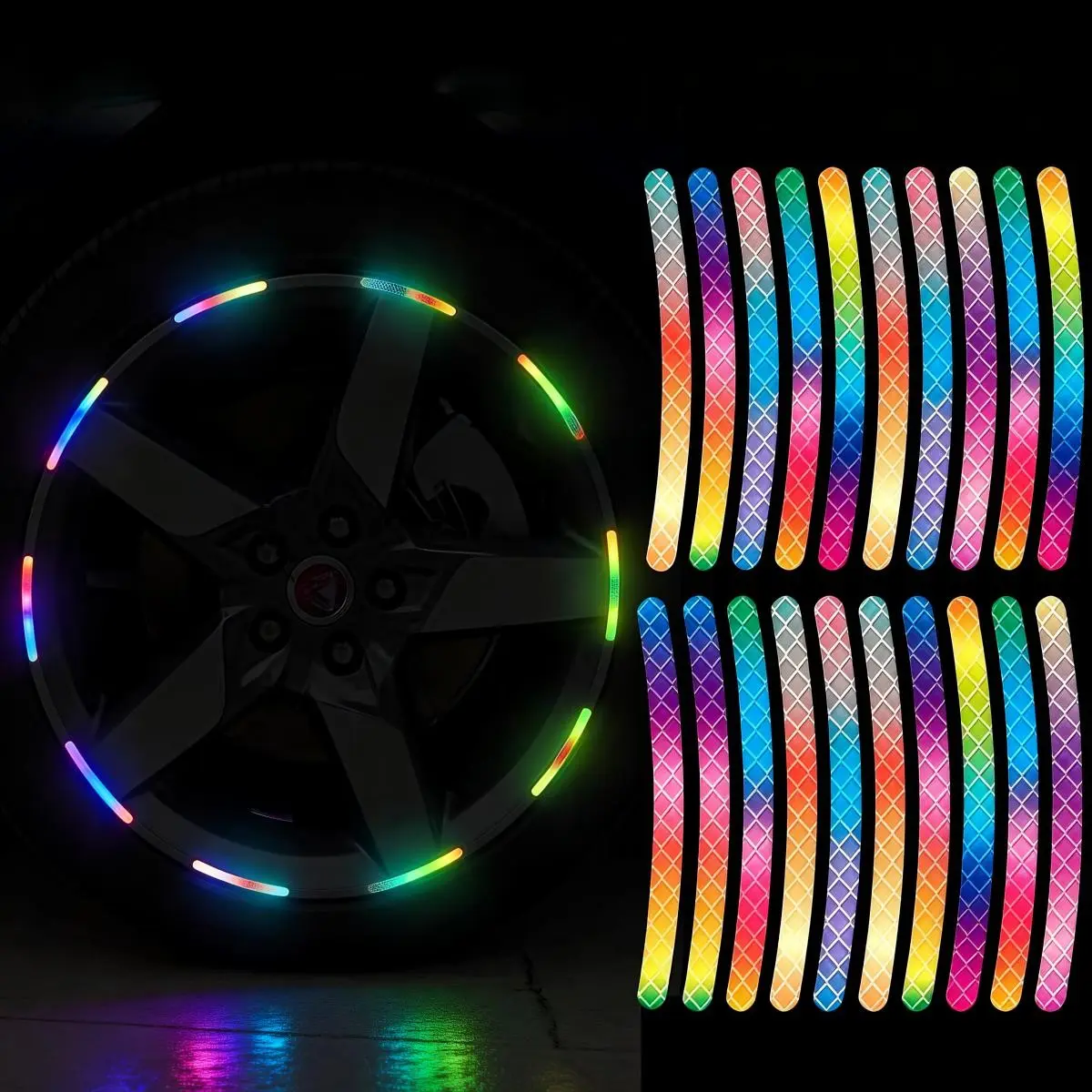 20pcs Car Rainbow Reflective Wheel Stickers, Decal, Universal Night Safety Warning Stickers, Waterproof Scratch-Resistant, Vehicle Exterior Crash Protection