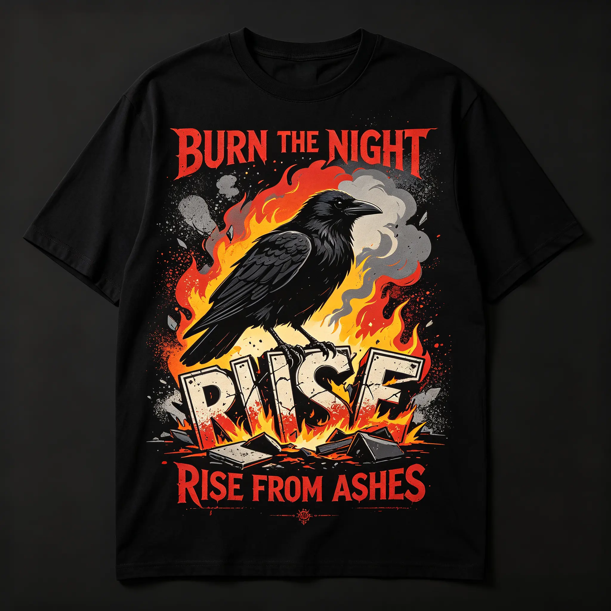 Crow Fire Flame Graphic Black Washed Oversized T-Shirt, Burn The Night Vintage Dark Street Fashion Outfit Comfort Loose Crew Neck Tee, Perfect Valentine Birthday Halloween Holiday Gift For Boyfriend Girlfriend Friends Gothic Style Casual Top