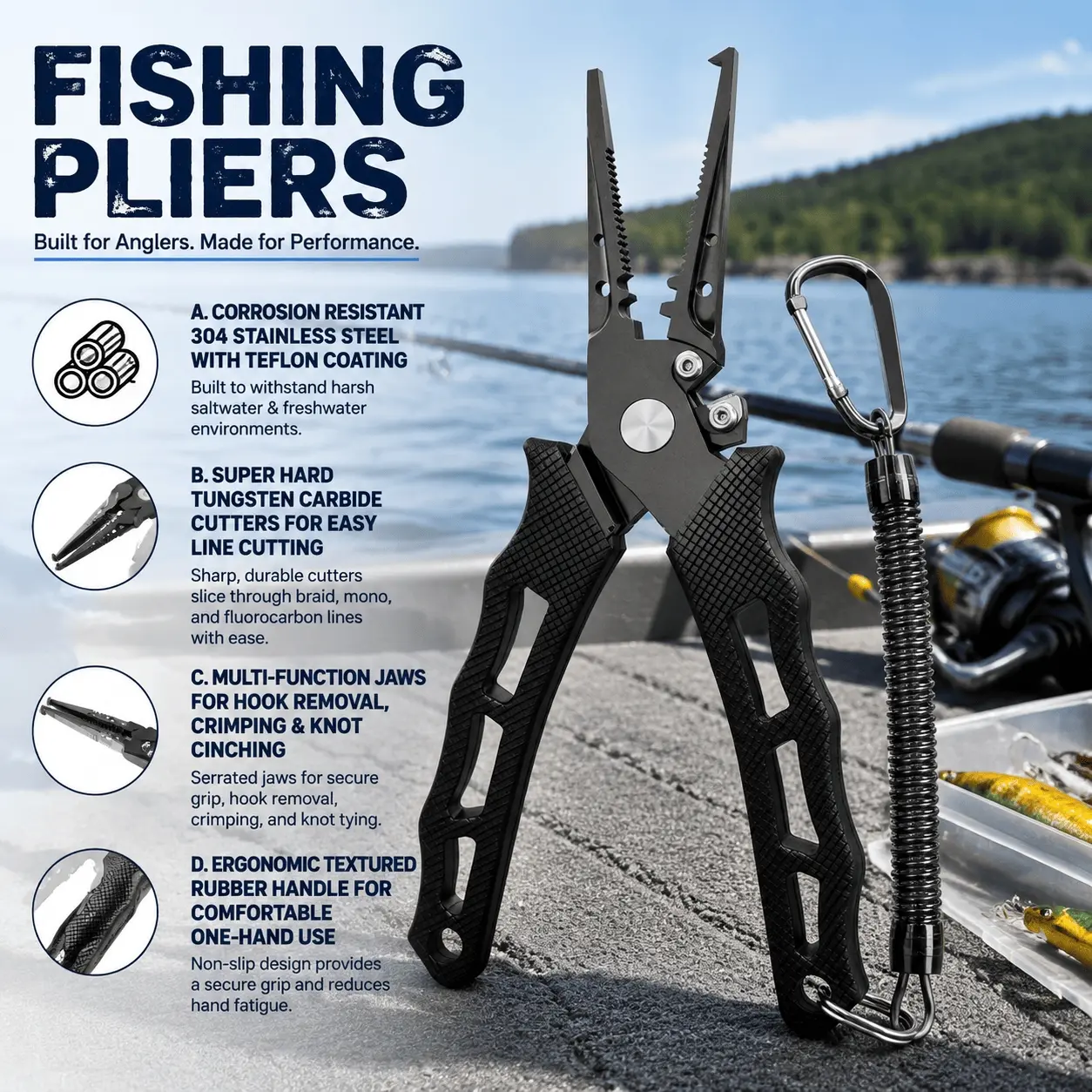 7" Precision Stainless Steel Fishing Pliers - 3-in-1 Multi-Tool: Scissors, Split Ring Opener, Braid Cutter & Hook Remover. Salt & Freshwater Safe, Non-Slip Handle, 4 Colors.