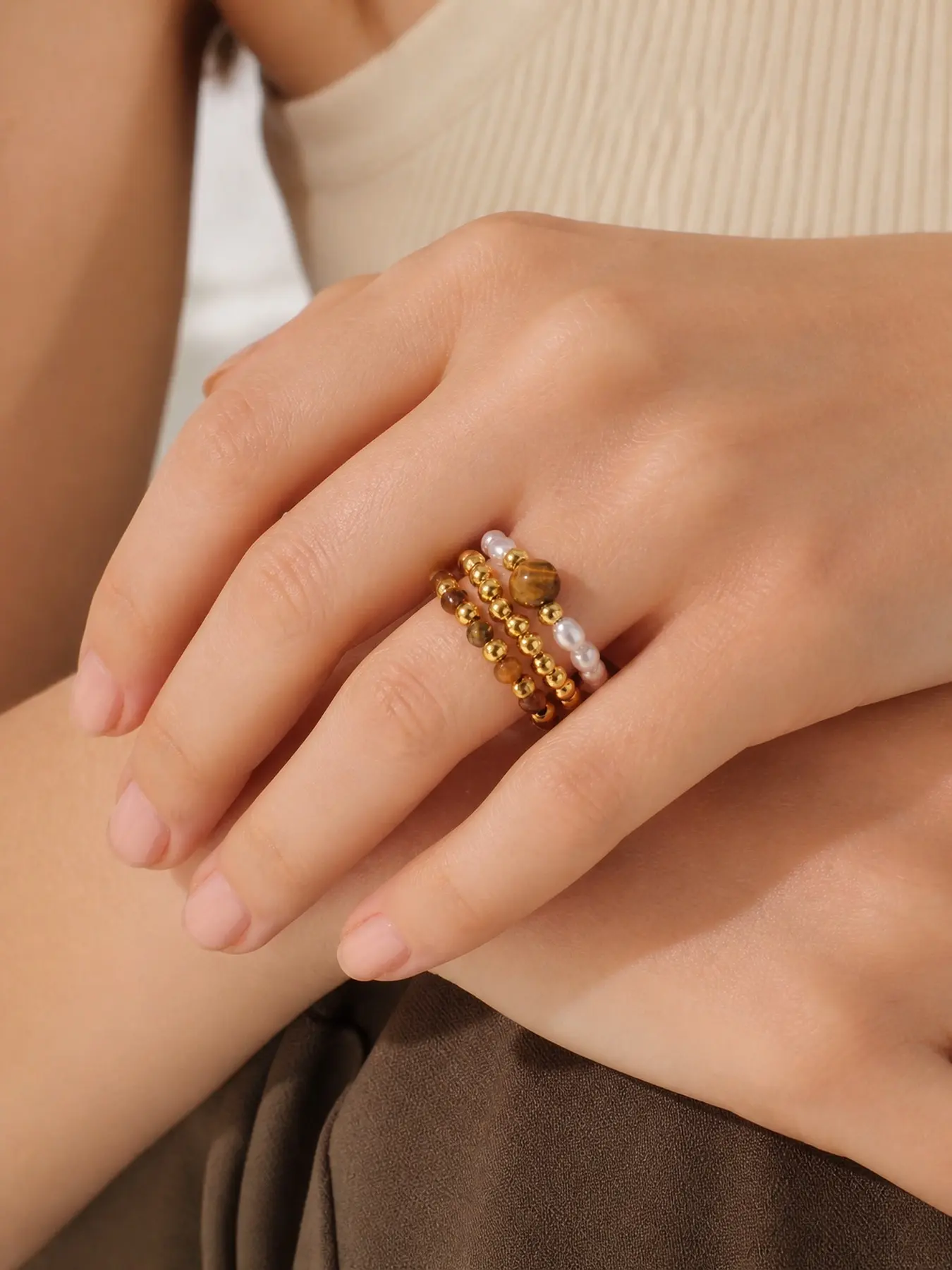 Natural Stone Inspired Beaded Ring, Gold Pearl Stackable Ring, Dainty Jewelry for Women & Girls