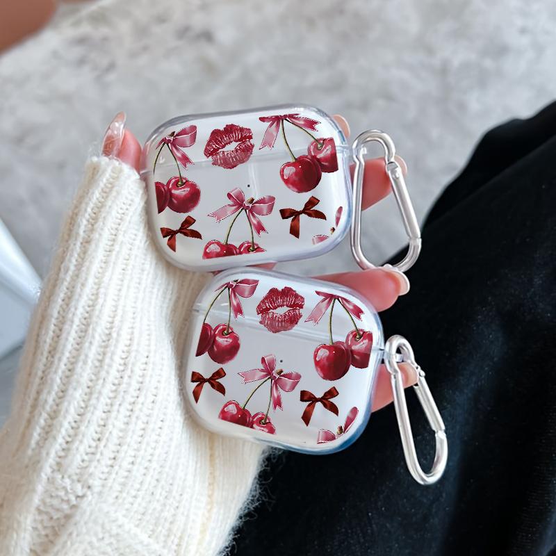 Cherry Kisses Pattern Protective Case for AirPods 4/3/2/1/Pro/Pro2 Soft TPU Earphone Cover, Transparent with Keychain