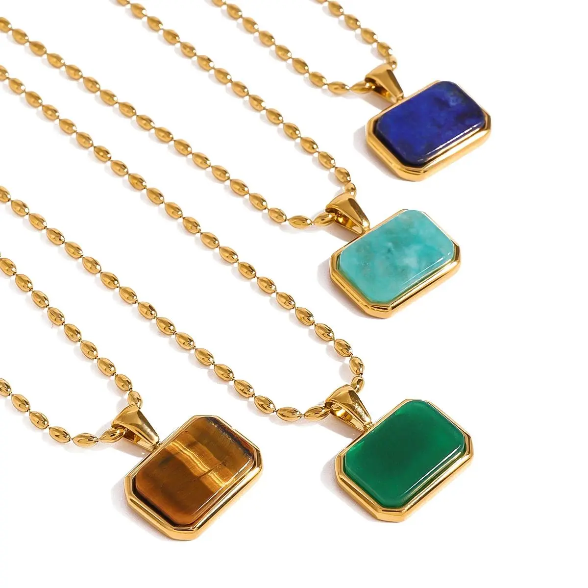 Youthway Stainless Steel Square Natural Stone Amazonite Lapis Lazuli Jade Chain Necklace Trendy 18K Gold-plated Jewelry