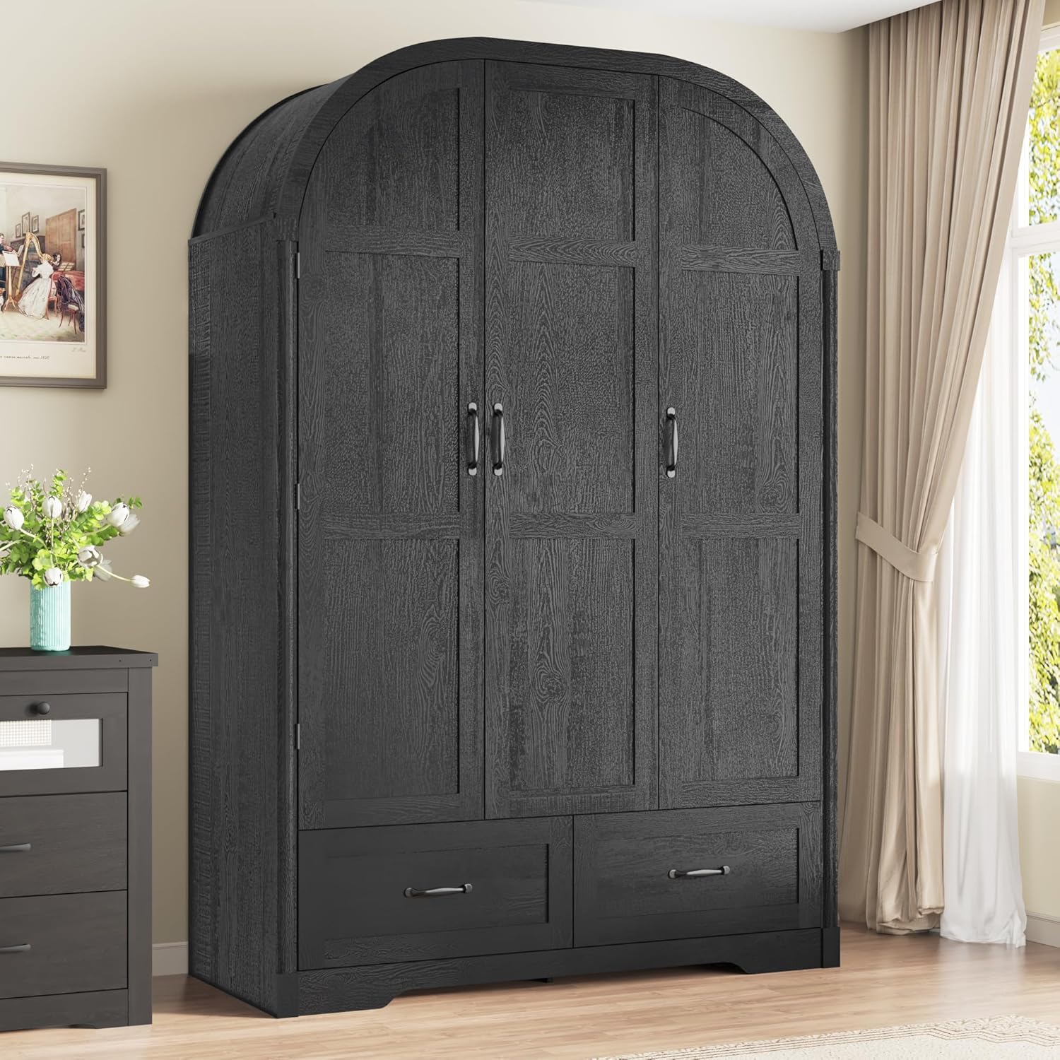 3 Doors Armoire Wardrobe Closet with Mirror and Lights, 71" Farmhouse Arched Wooden Wardrobe Cabinet with 2 Drawers,Hanging Rod, Clothing Storage Closet Cabinet for Bedroom,Light Rustic Oak/Black 3 Doors Armoire Wardrobe Closet with Mirror and Lights, 71" Farmhouse Arched Wooden Wardrobe Cabinet with 2 Drawers,Hanging Rod, Clothing Storage Closet Cabinet for Bedroom,Light Rustic Oak/Black