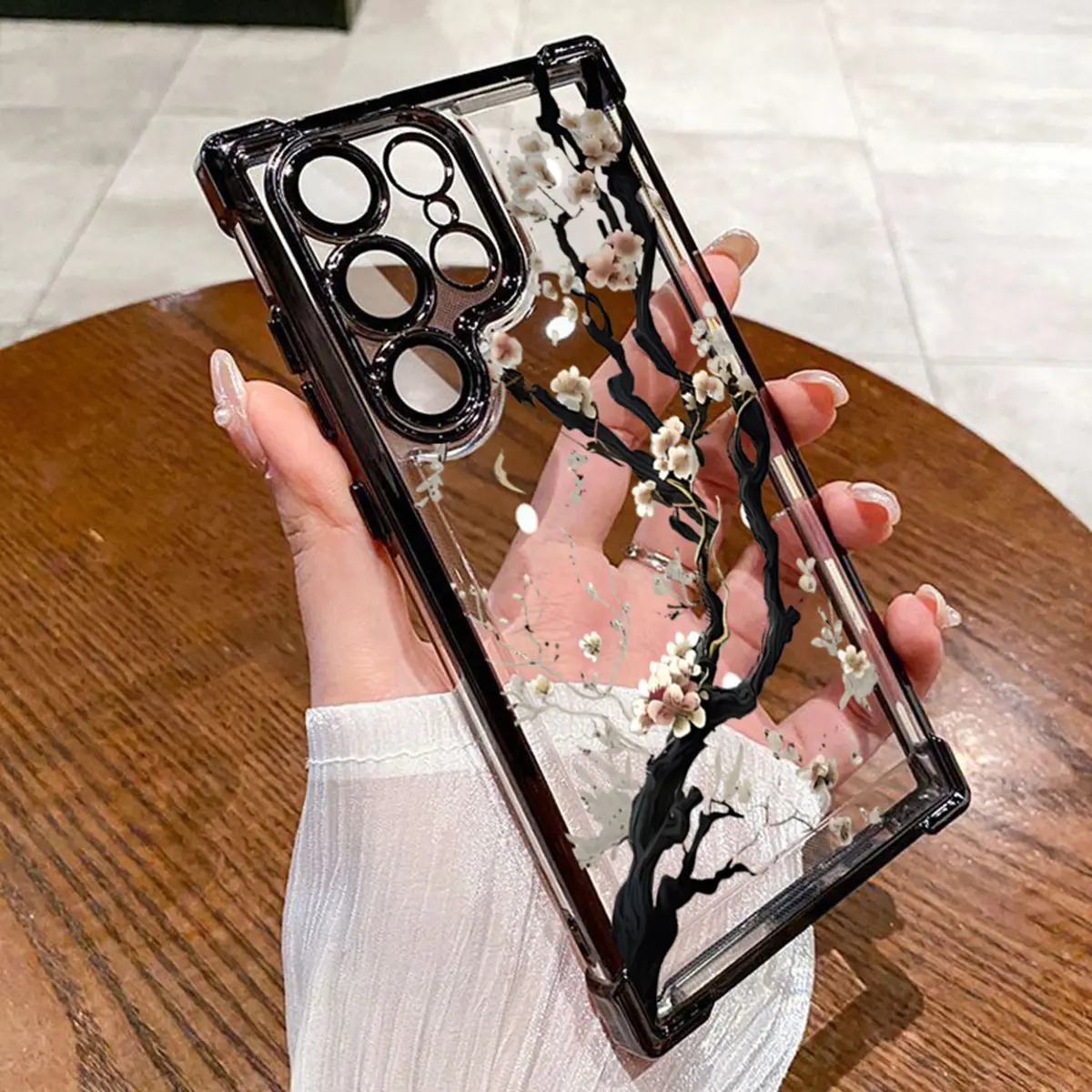 Phone Case - Phone Case for Samsung for Galaxy S26 Ultra S26 Plus S25 FE S25 Ultra Cases S24 FE S23 Plus 5G S22 Ultra S21 S20 FE, White Cherry Blossom Tree Blooming Pattern, Electroplated Shockproof Transparent Protective Cover
