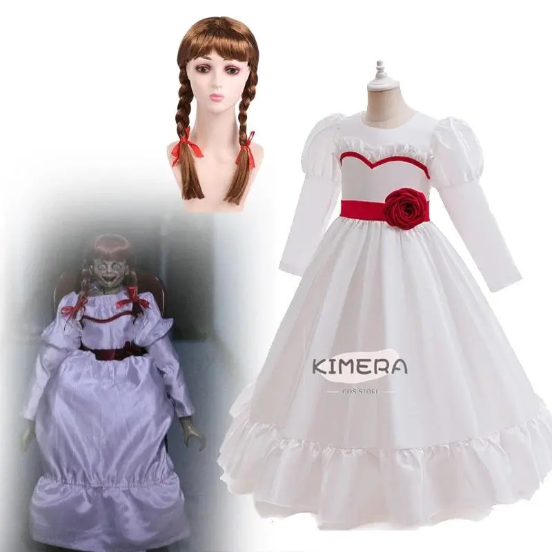 Halloween Outfit Movie Kids Conjuring Girls Annabelle Cosplay Costume wig Dress Costume White Dress Scary