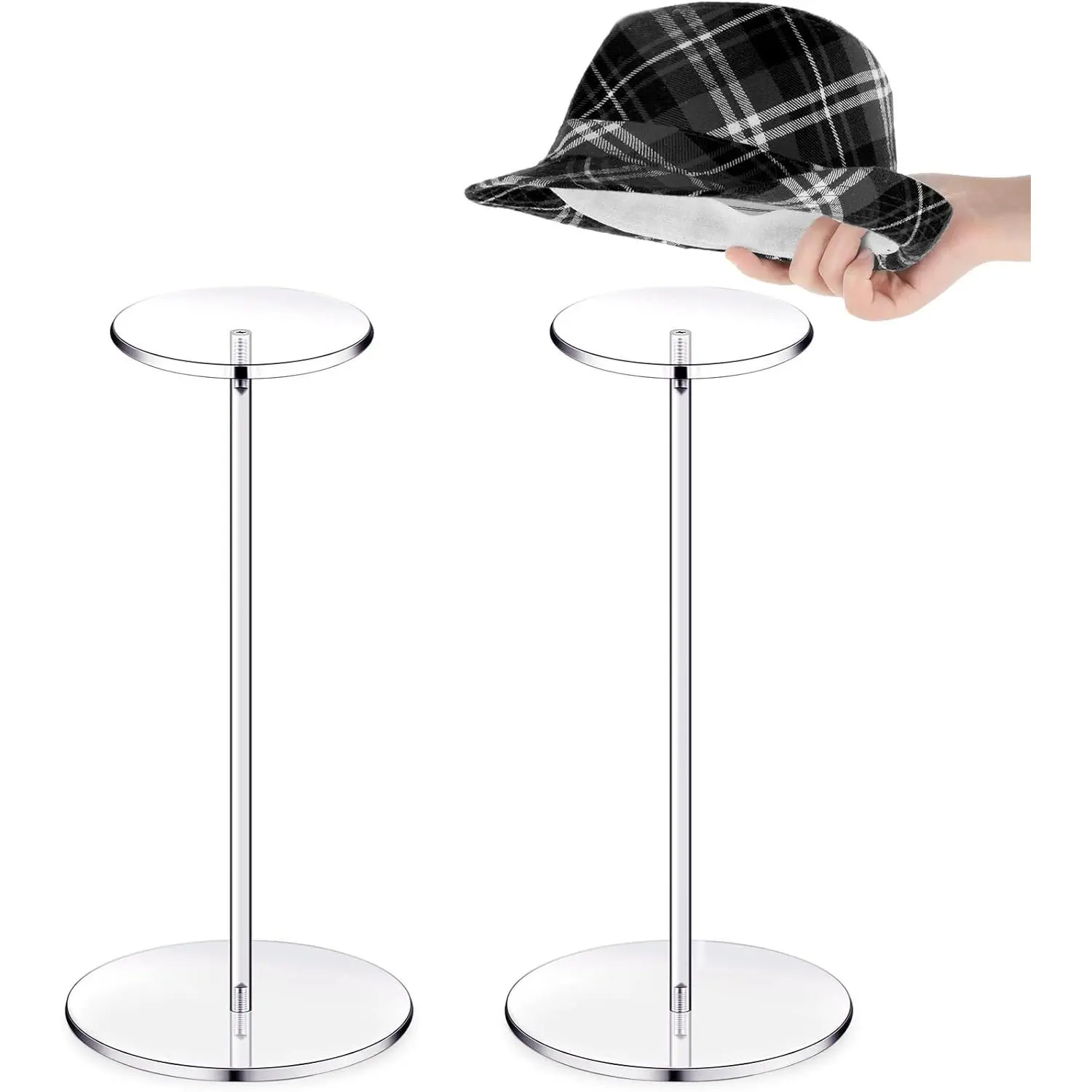 2 Set 12 Inch Clear Acrylic Hat Stands and Wig Display Rack Stands for Multiple Hats Display Tabletop Baseball Caps Watch Helmets Tabletop (Round Bottom)