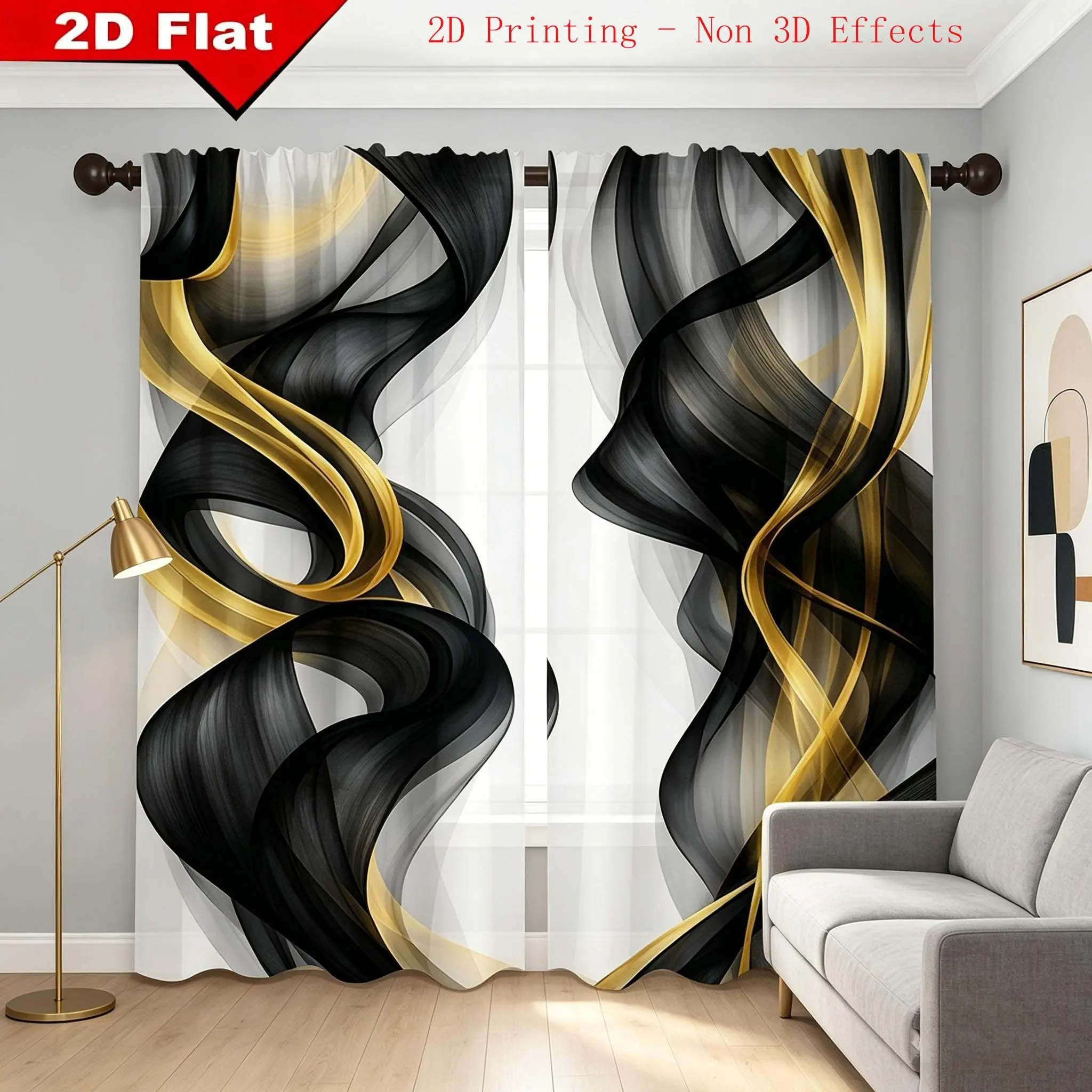2-Piece Abstract Black-Gold Gradient Line Window Drapes Home Decorative Curtain for Living Room and Bedroom Window Curtains with High-End Semi-Blackout Effect Home Decoration Curtain (100% Polyester, 2D Flat Print, Year-Round Home Use)