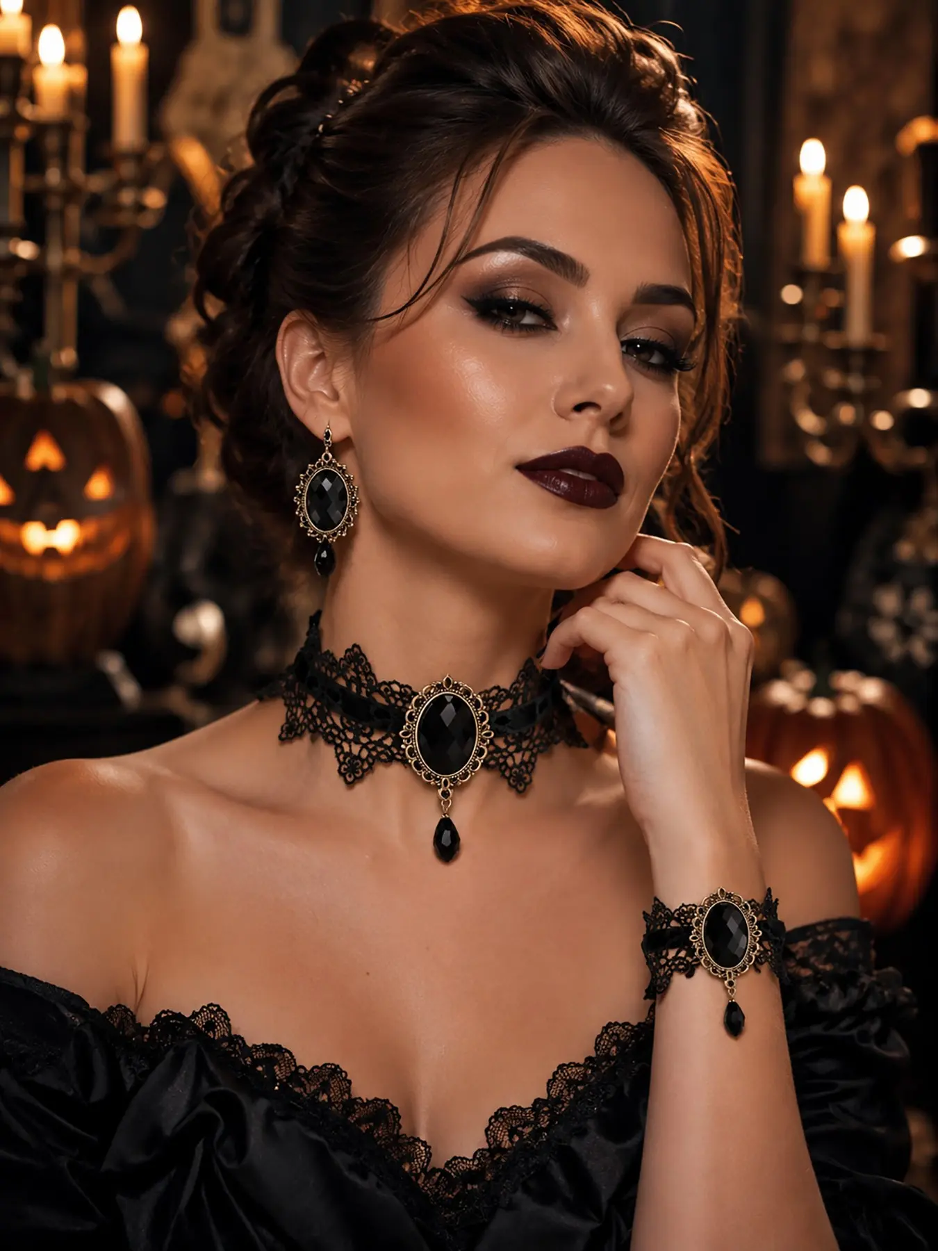 Gothic Lace Choker Necklace Earrings Bracelet Set for Women Vintage Lolita Victorian Black Crystal Pendant Necklaces Mysterious Witch Vampire Jewelry Set Halloween Costume Party Cosplay Jewelry Accessories