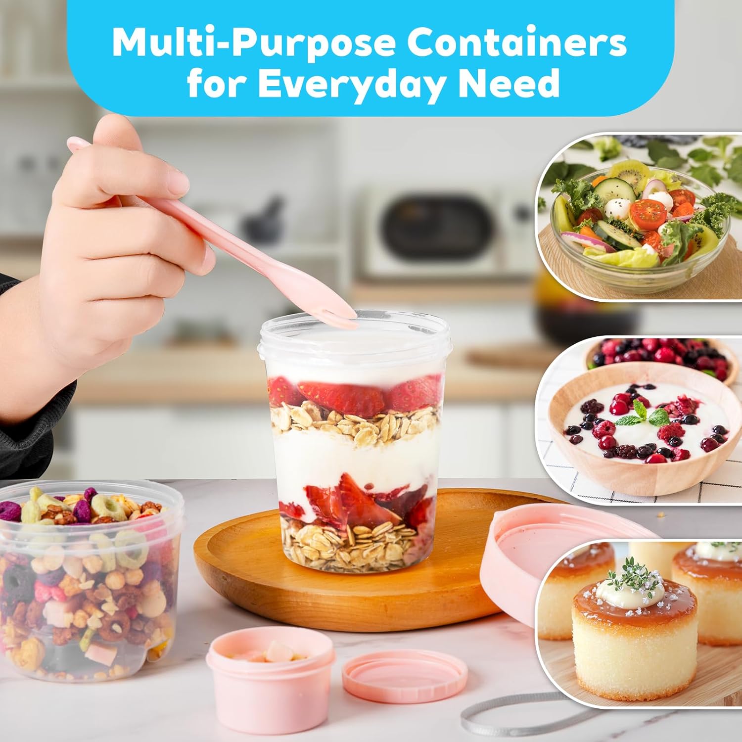 4 yogurt parfait cups, covered yogurt container, overnight oatmeal container, reusable parfait container, small Mei Sen jar for salad, pre-meal preparation, snacks and oatmeal.