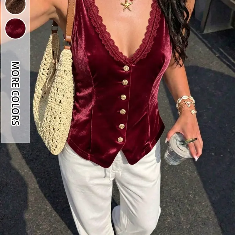 New Fall Winter French Vintage Wine Velvet Sleeveless Vest, Lace Trim Deep V Neck, Metal Button Waist Cinch, Elegant Outerwear for Women, Corset Vest
