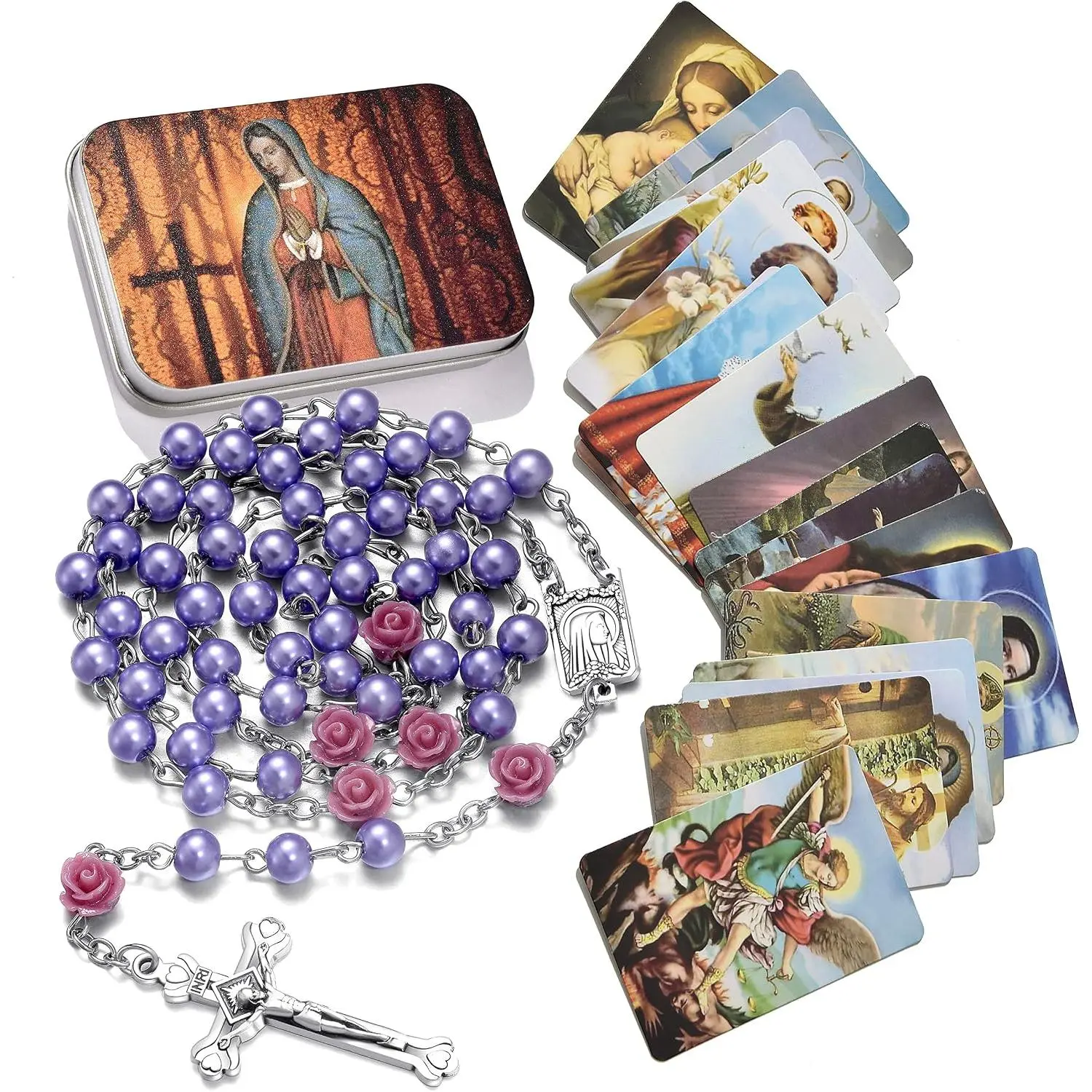 Rosary Beads Catholic Necklace Holy Soil Medal  Crucifix with Metal Box and 18 count Prayer Cards