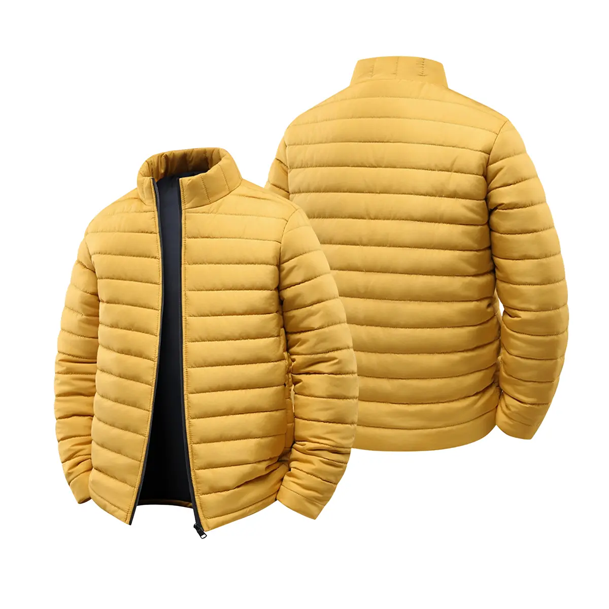Men's stand up collar lightweight quilted fluffy jacket, full zipper horizontal striped lining casual jacket, long sleeved stand up collar foldable lightweight autumn and winter jacket, classic zipper style daily outer layer suitable for daily commuting