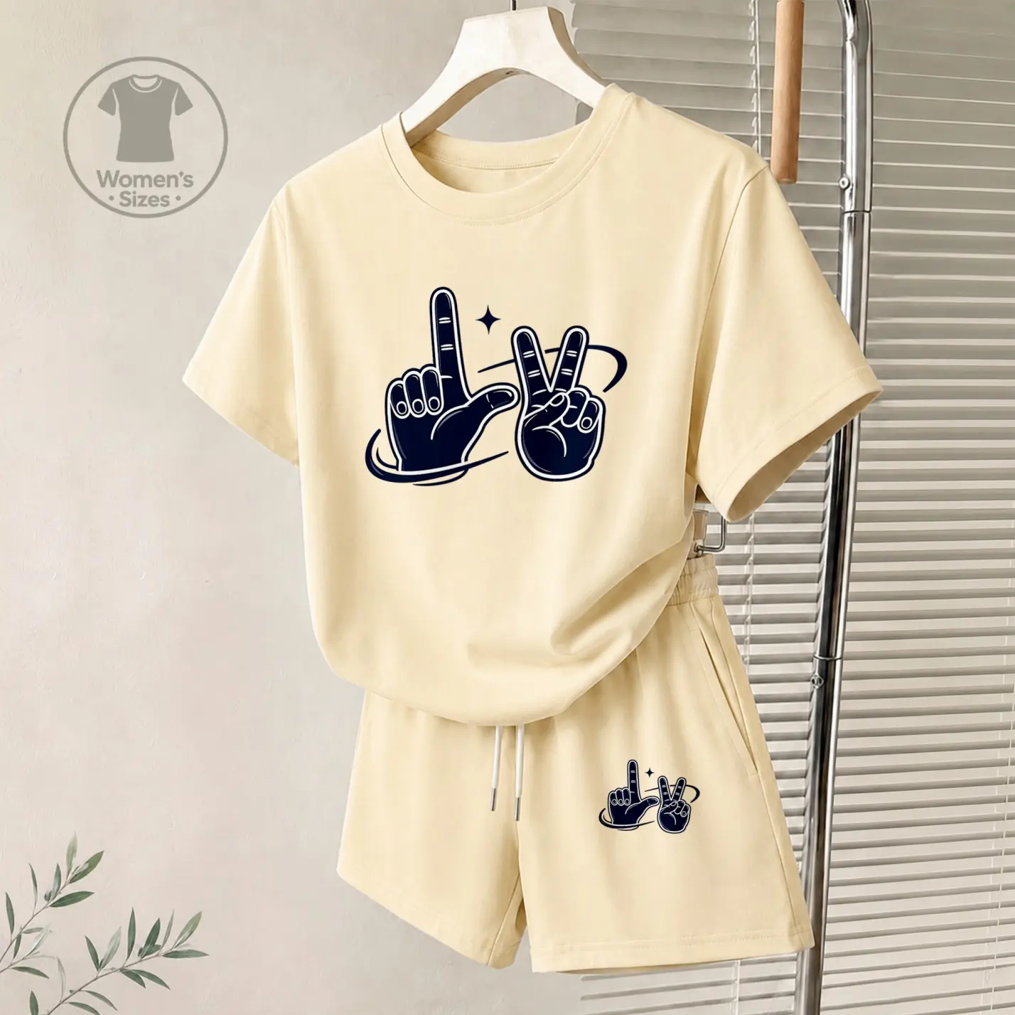 Women’s Casual Summer Two Piece Set, Cute Hand Gesture Cartoon Print Top and Shorts, Soft Relaxed Fit Lounge Outfit for Beach, Holiday, Travel, Home and Everyday Wear