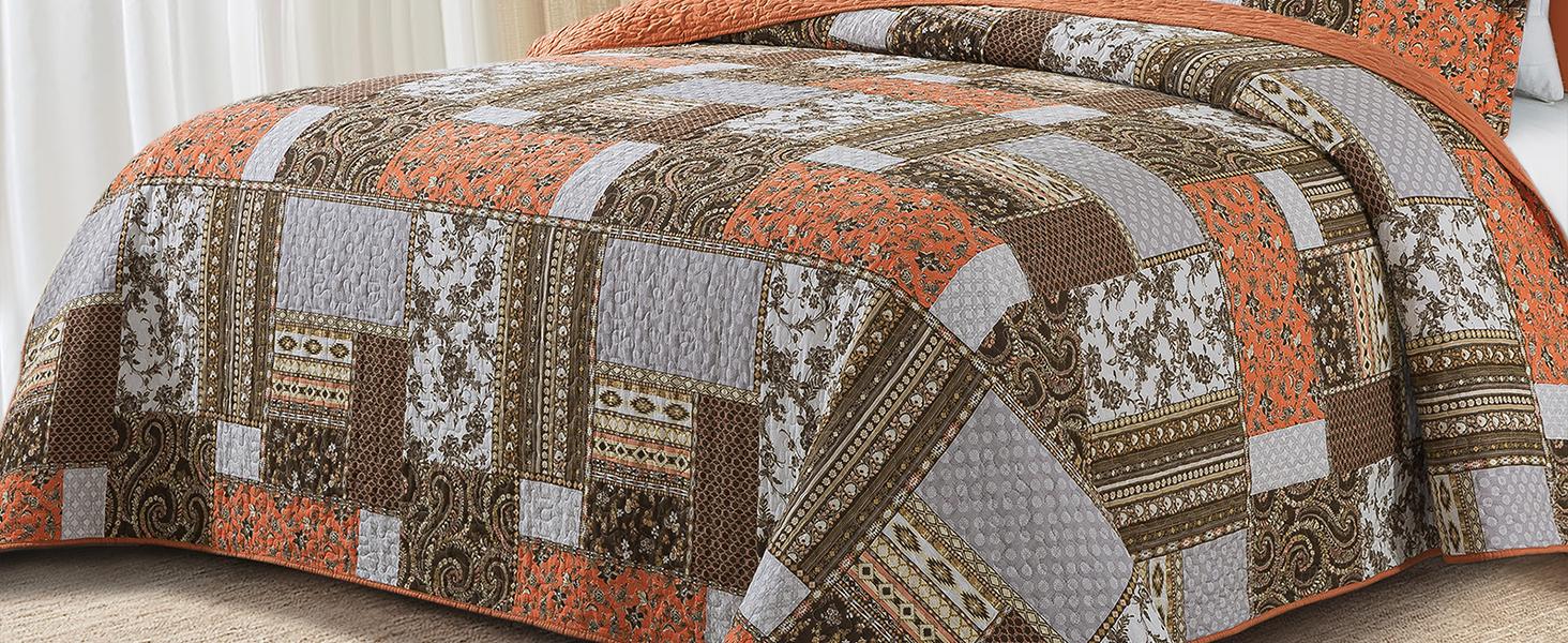 Cotton King Size for Farmhouse- Fall Patchwork Bedspread Set --Woven Soft Reversible King Size Bed Spread for All (Floral Orange) 3 Pieces