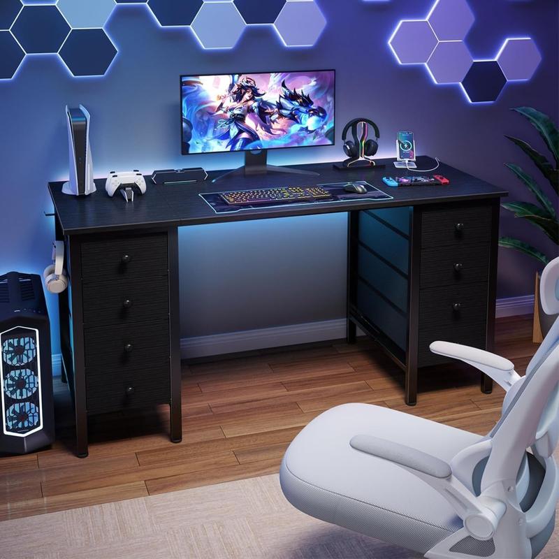 Black Gaming Desk with Fabric Drawers on Both Sides, 55 Inch Home Office Computer Study Writing Work PC Desk with 8 Storage Drawers Storage for Bedroom