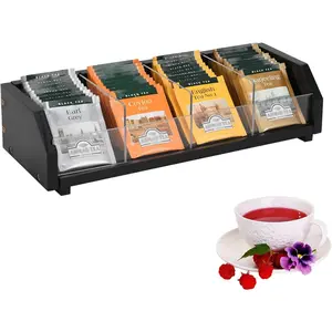 Tea Bag Holder Organizer Box with 4 Compartments, Pine Wood and Acrylic, 13.5 x 4.9 x 3.1 inches for Drawer Cabinet Countertop Tea Tray (Black)