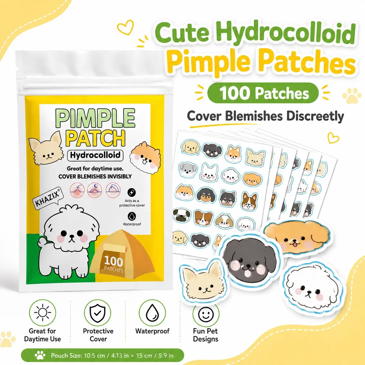 Khazix® 100pcs Cute Dog Hydrocolloid Acne Pimple Patches, Daily Nightly Face & Body Care, 8-Hour Waterproof Skin Protection, Breathable & Lightweight