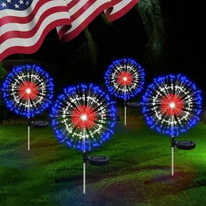 4 Pack 4th of July Decorations Solar Firework Lights, 186 LED Red White and Blue Lights with 8 Lighting Modes, Solar Garden Stake Light for Outdoor Yard Pathway Patio Party Lawn Patriotic Decor