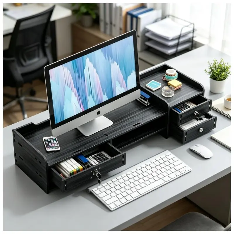 Wood Monitor Stand Riser with Lockable Drawers, Desktop Storage Organizer, Height Adjustable Computer Monitor Riser for Home Office Workspace Desk Organization