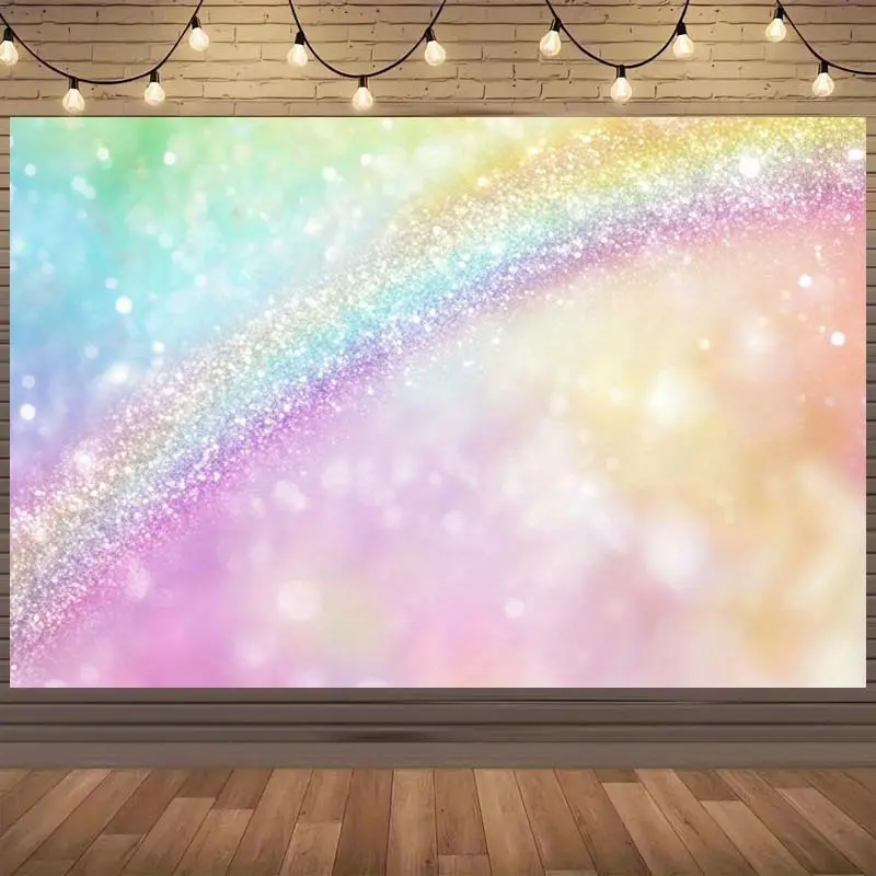 2D Falt A Single Piece of Backdrop Showcasing a Shimmering Pastel Rainbow, Ideal for Joyful Events Such As Birthdays And Celebrations. This Party Background Is Made of Polyester Fabric And Comes in Various Sizes