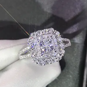 1PC Square Halo Cubic Zirconia Engagement Ring for Women, Iced Out Double Split Shank Luxury Square Cluster Promise Ring, Brilliant Paved CZ Wedding Band, Elegant Bridal Statement Jewelry for Proposal Anniversary Valentine’s Gift