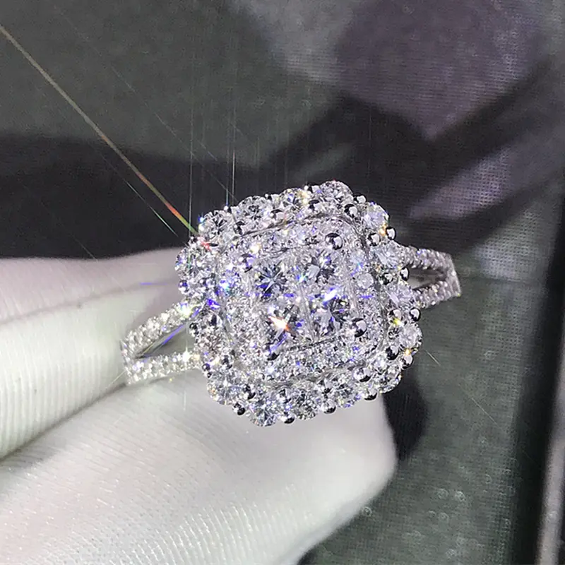 Women's 1PC Geometric Double Halo Micro-Pave Cubic Zirconia Engagement Ring, Iced Out Double Split Shank Square Cluster Promise Band, Luxury Bridal Jewelry for Proposal Anniversary Gift