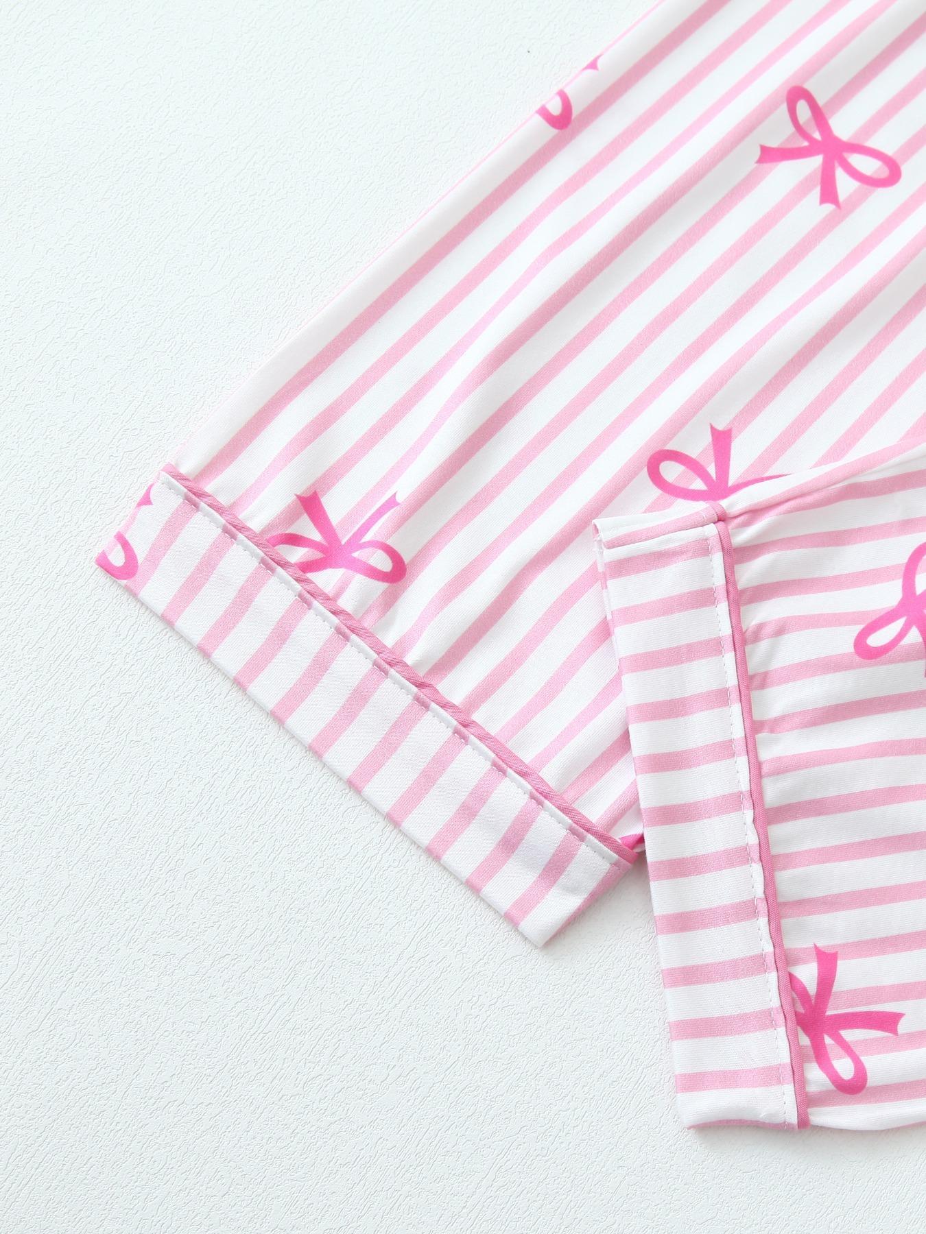 【Valentine Pajamas】Two-Piece Set Women's All Over Bow Print Button Front Shirt & Pants Pyjama, Casual Comfy Long Sleeve Lapel Neck Top & Trousers PJ Set, Women's Sleepwear for Spring & Fall