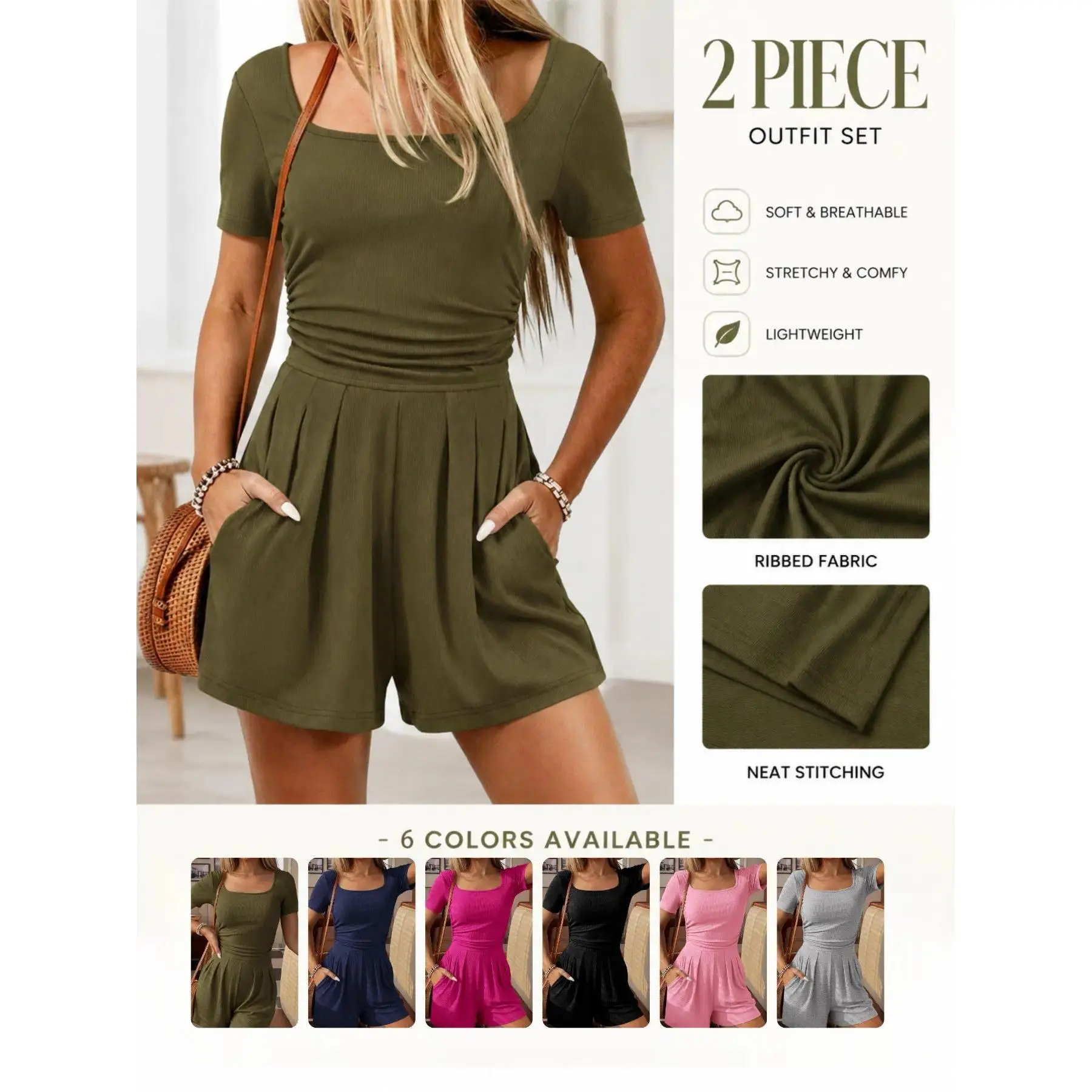 Summer New Short Romper Overall for Women, Casual Office Wear, Loose Fit Slimming Wide Leg Three-Quarter Pants, Comfortable and Stylish, Aesthetic, Polyester, Fabric