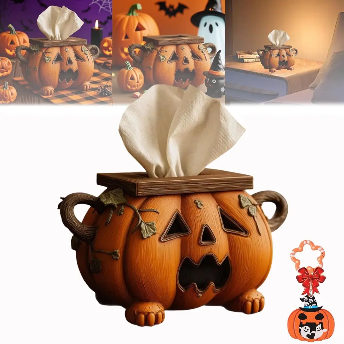 Resin Pumpkin Tissue Box Cover, Halloween Jack O Lantern Napkin Holder, Tissue Box Organizer for Bathroom, Kitchen and Dining Table, Cute Home Decoration, Holiday Party Decor, Gift Ornament, Decorative Storage Box Cover