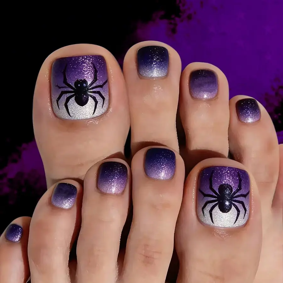24pcs Short Square Halloween Toe Nails, Dark Gradient Glitter Spider Press-On Nails, Reusable Fake Nails for Women and Girls