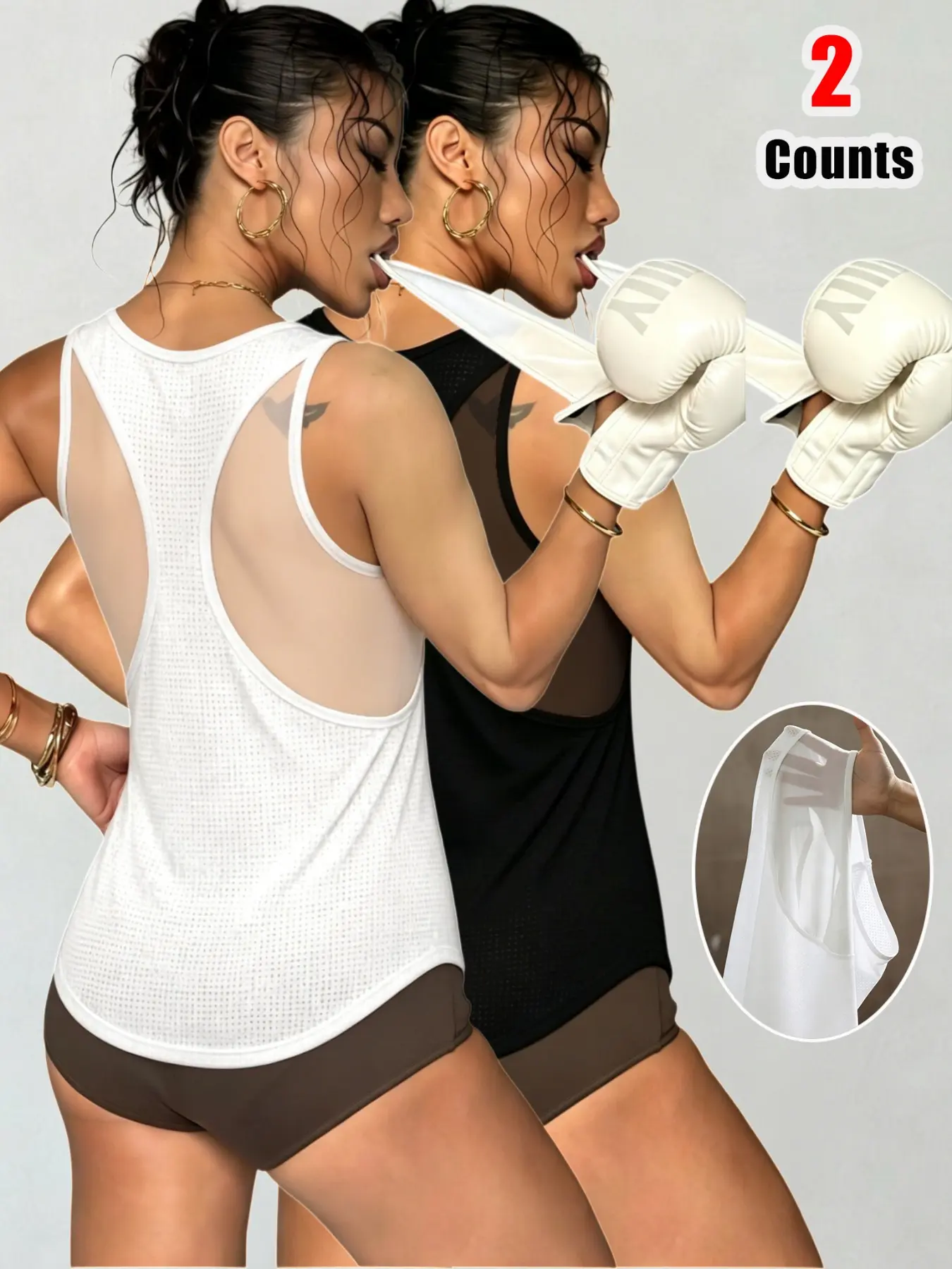 2 Pack Women's Mesh Back Racerback Quick Dry Workout Tank Top, Breathable Eyelet Sleeveless Athletic Top For Gym Yoga Running