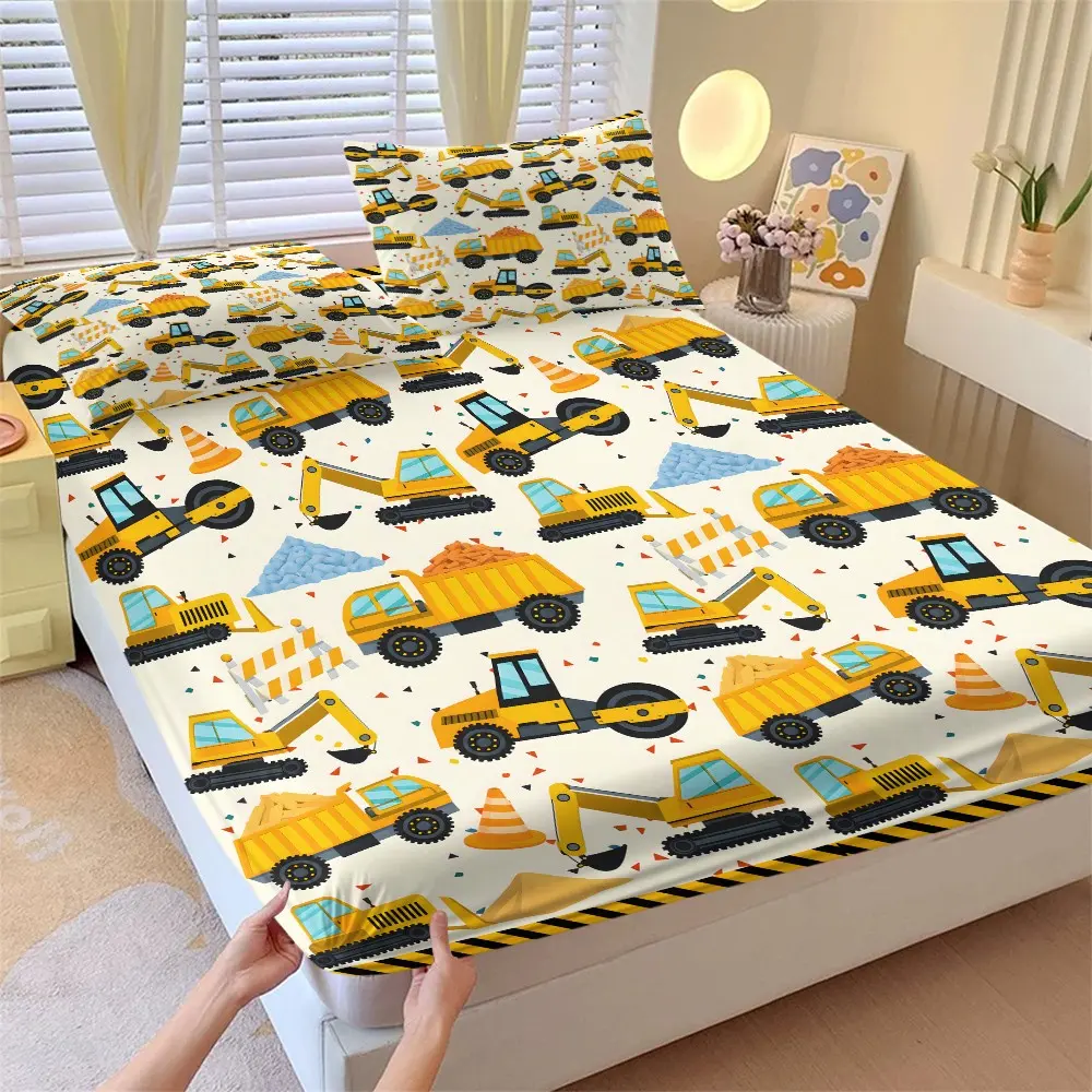 Cartoon Construction Vehicle Print Bed Set, Excavator Dump Truck Pattern Microfiber Full Cover Bedding, Includes Twin Pillowcases, Kids Bedroom Decor, Printed Bedding Set
