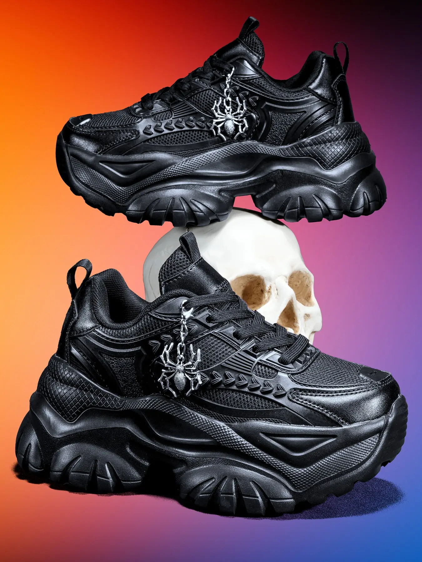 Lightweight Eva 7cm Heel Women's Trendy Sneakers, Punk Style Silver Spider Detachable Charm, Outdoor All-Season Comfort Shoes