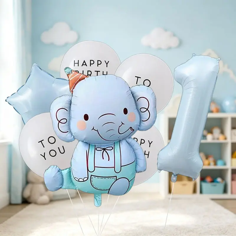 9-Piece Baby Blue Elephant Number Balloon Set, Includes 32-Inch Alum Foil Balloons, Perfect for Birthday Parties, Zoo Decor, Photo Shoots