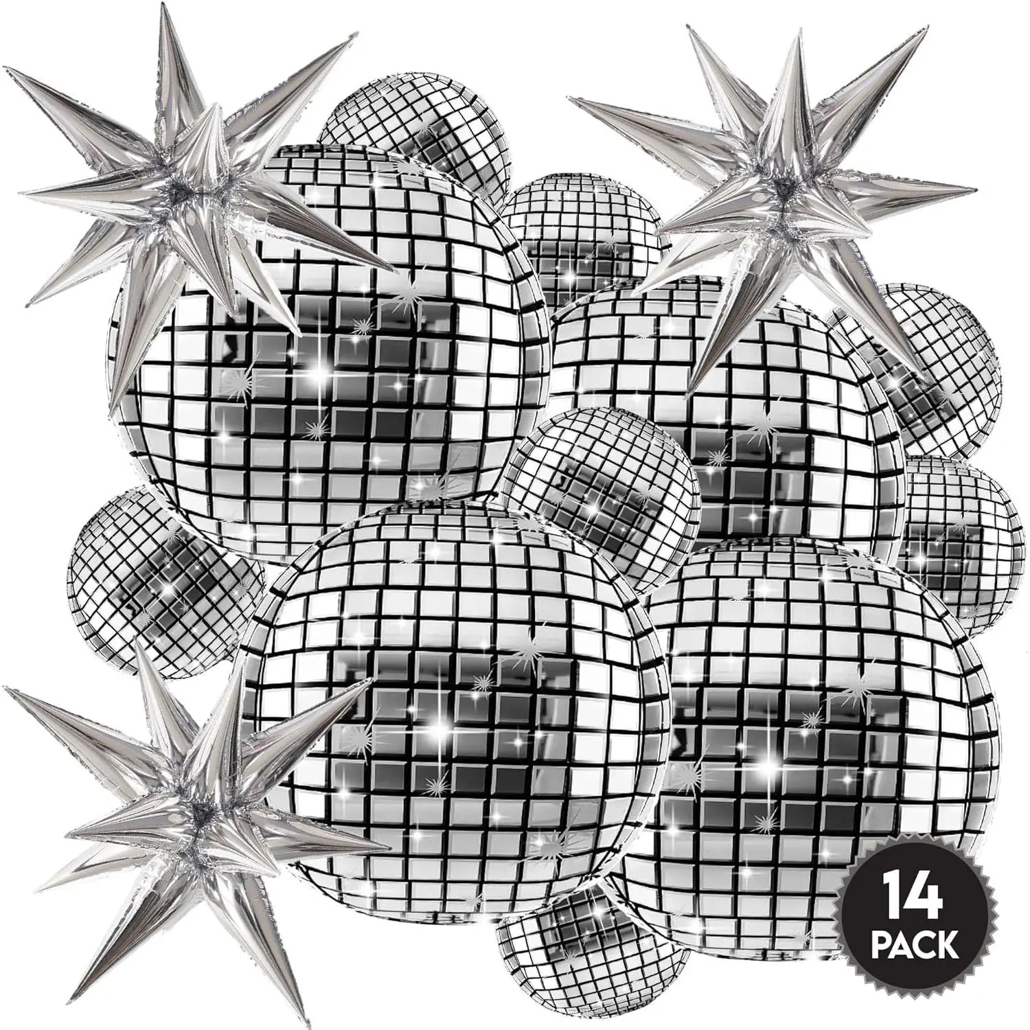 Inflatable Disco Ball Balloons Pack of 14 - 22” Silver Mylar Foil Disco Party Balloons with Star Balloons, Ribbon & Pipe for New Year's Disco Ball Decorations Party, Bachelorette, Birthday Décor