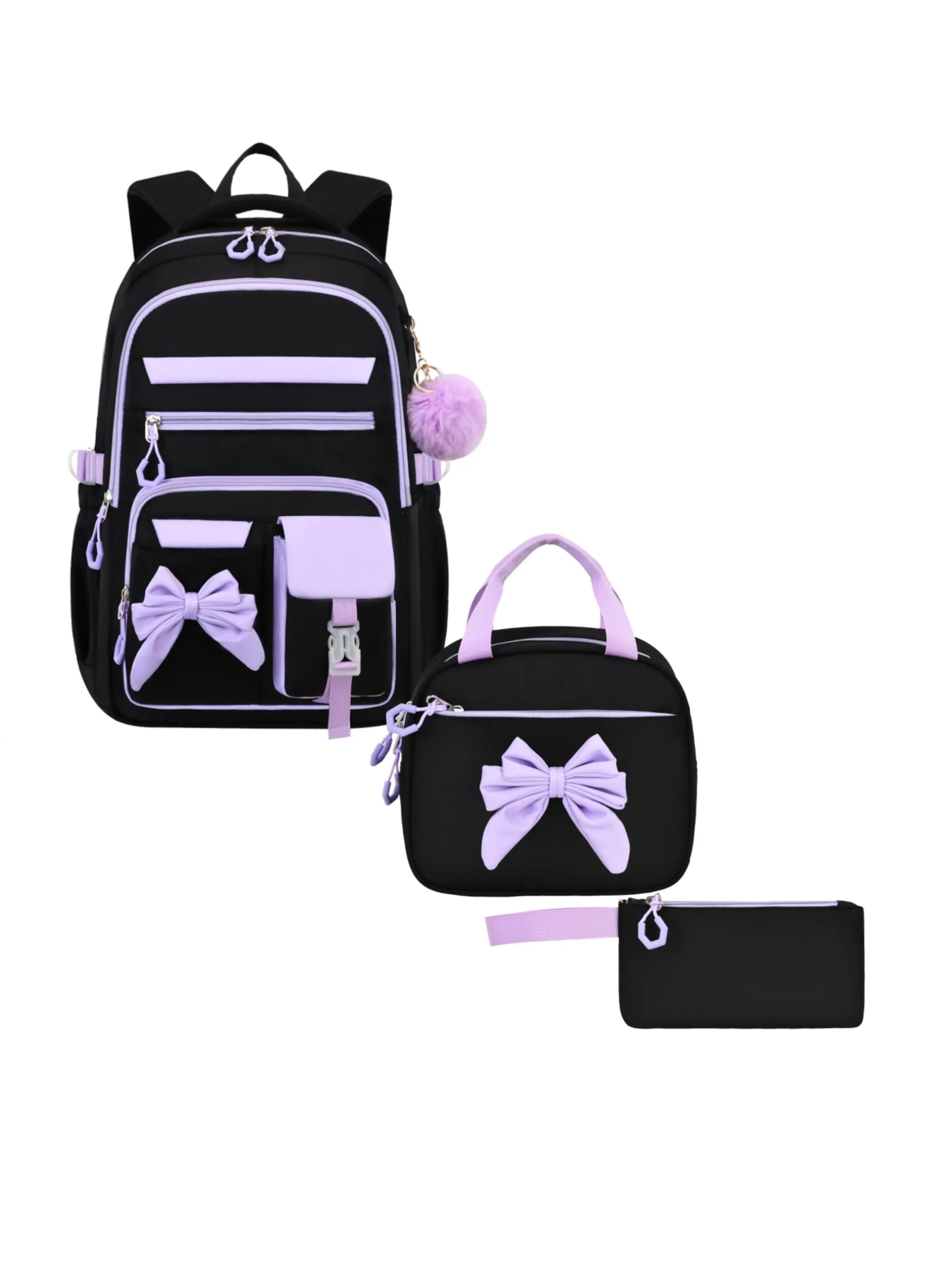 Girls Backpack with Lunch Box, 3pcs Student School Backpack Set, School Bag for Teen Girls, Bookbag for Middle High School, Stylish & Practical Design, Charming Bowknot Details