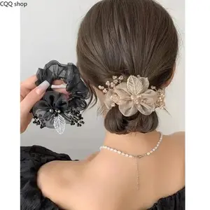 2026 2Pcs Vintage Mesh Flower Hair Scrunchies, Sheer Floral Hair Ties with Embroidery Leaf & Crystal, Elegant Hair Accessories for Women, Perfect for Thick Hair, Bun Hairstyles & Office Wear