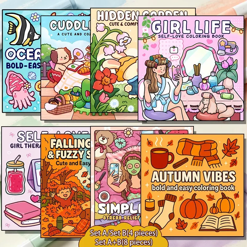 4/8 Pieces Bold and Easy Coloring Book Set, Cozy Girl Self‑Care Autumn Ocean Cute Scenes, Stress‑Relief Simple Coloring Pages for Adults & Teens, Gift Set,Perfect Gift for Women & Girls