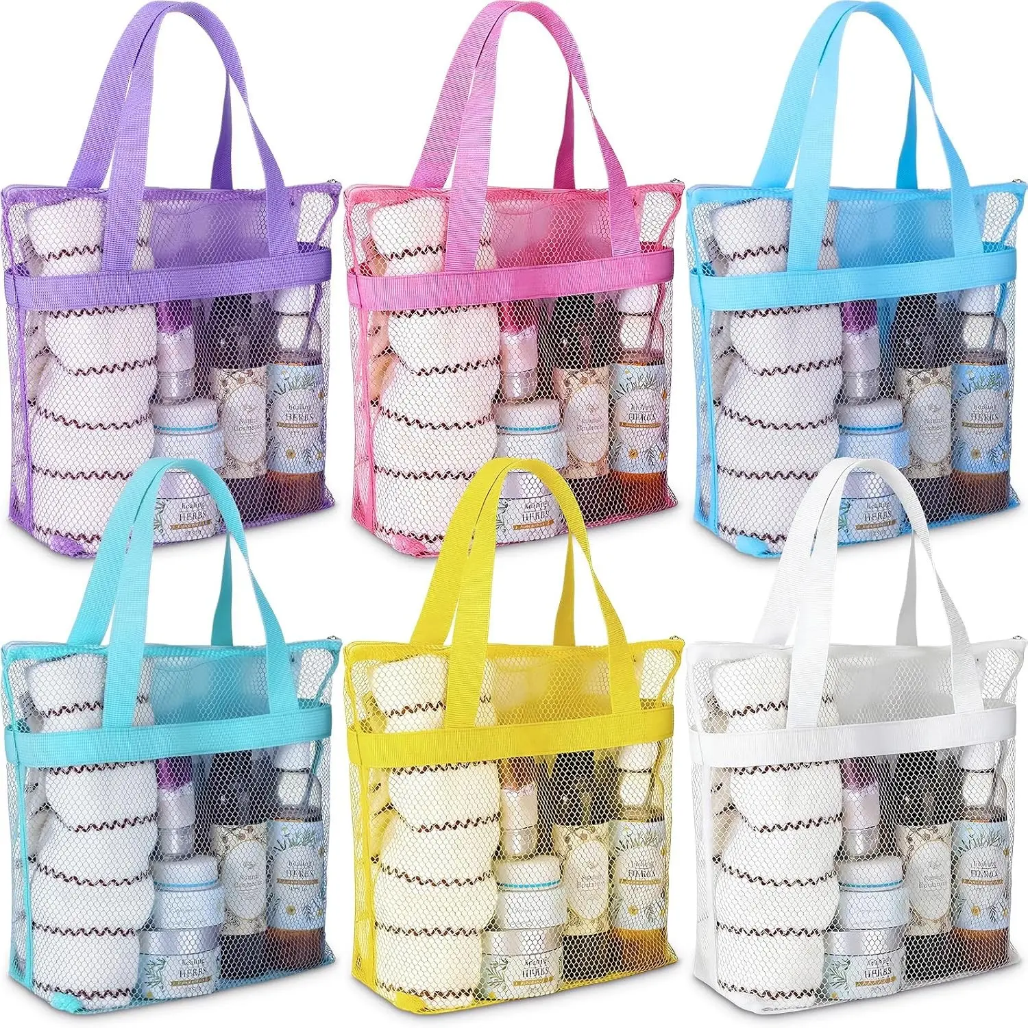 6 Pcs Mesh Beach Bags Bulk Portable Mesh Shower Caddy Bags with Zipper & 2 Pockets Hanging Toiletry and Bath Organizer for Beach Gym Camp Swimming Travel College Dorms (Macaron Color)